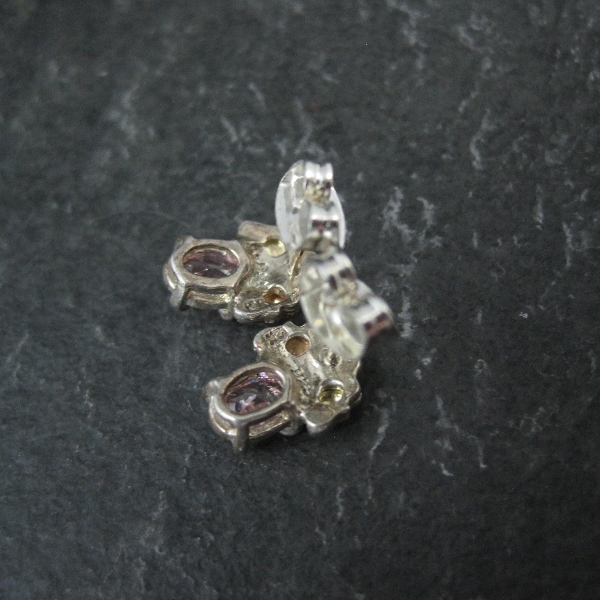 Vintage Black Hills Gold & Silver Pink Cz Stud Earrings Sterling 12K