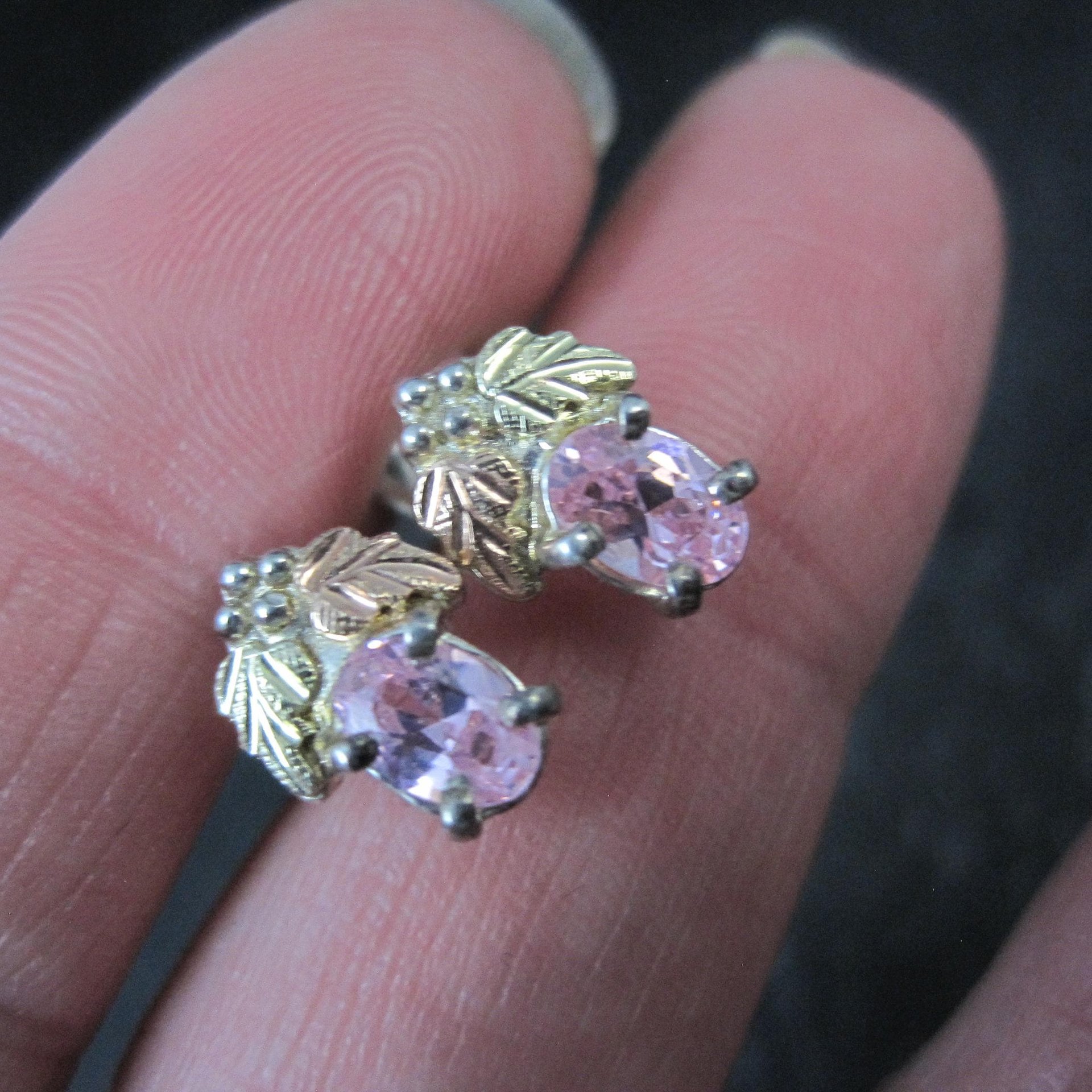 Vintage Black Hills Gold & Silver Pink Cz Stud Earrings Sterling 12K