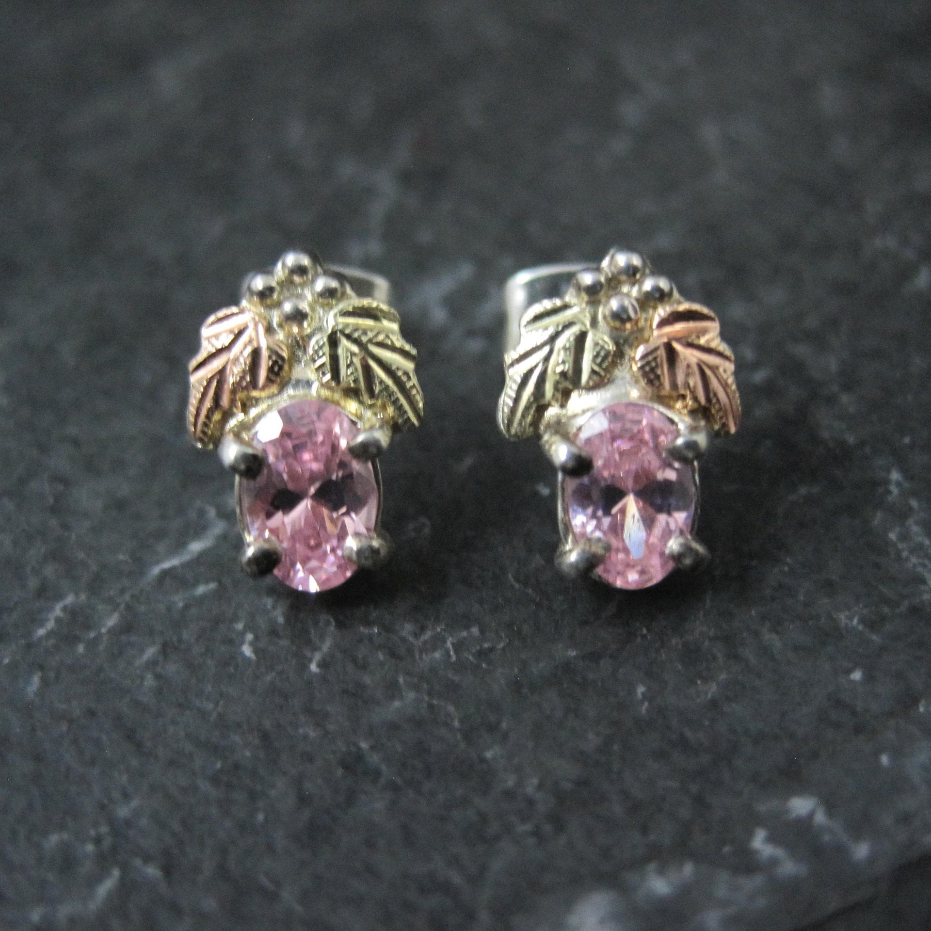Vintage Black Hills Gold & Silver Pink Cz Stud Earrings Sterling 12K