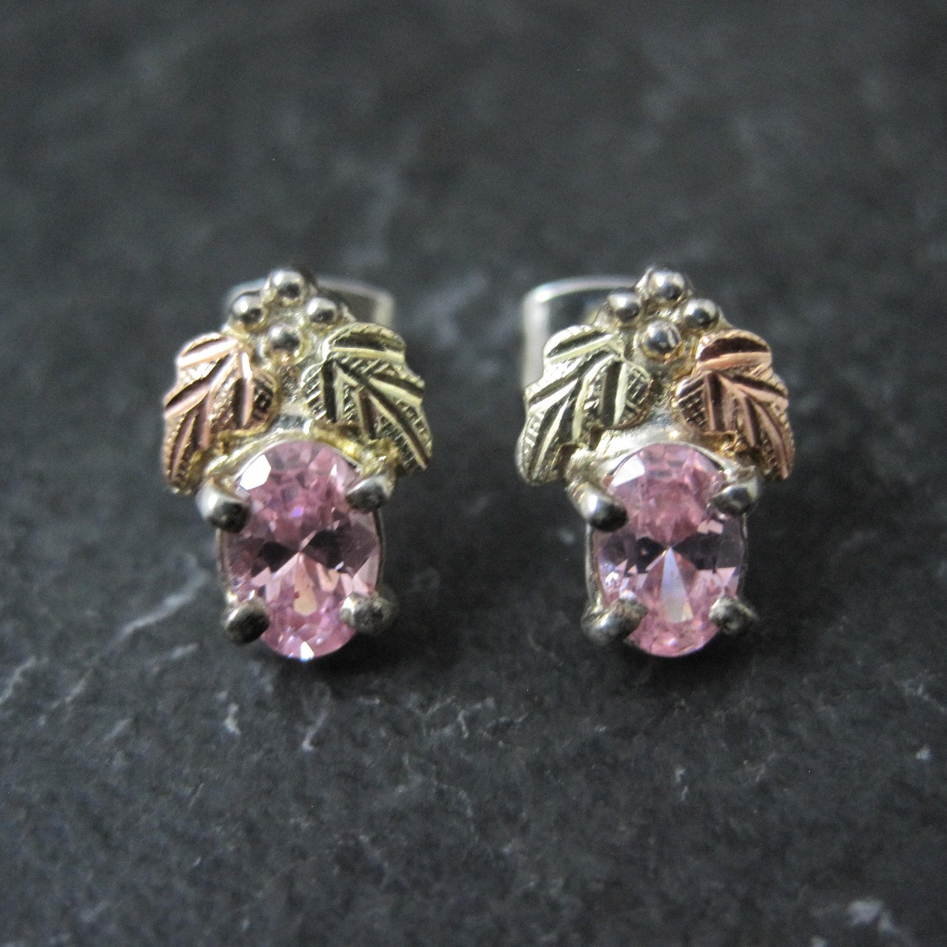 Vintage Black Hills Gold & Silver Pink Cz Stud Earrings Sterling 12K