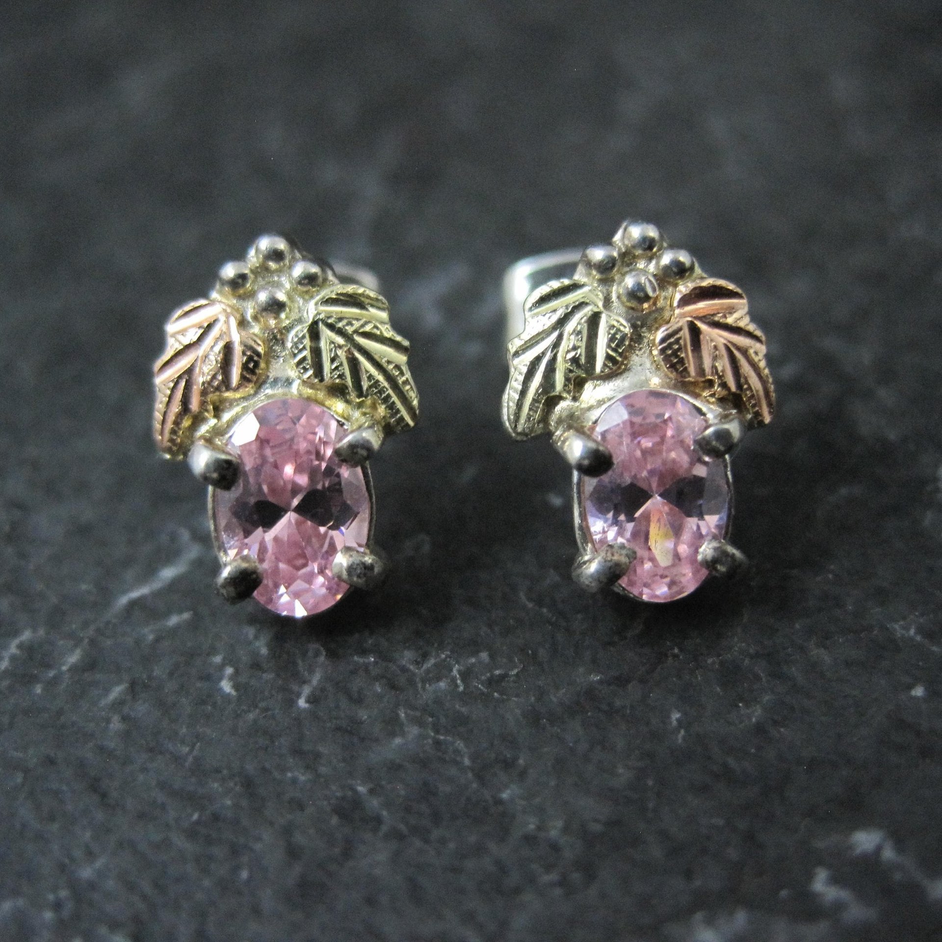 Vintage Black Hills Gold & Silver Pink Cz Stud Earrings Sterling 12K