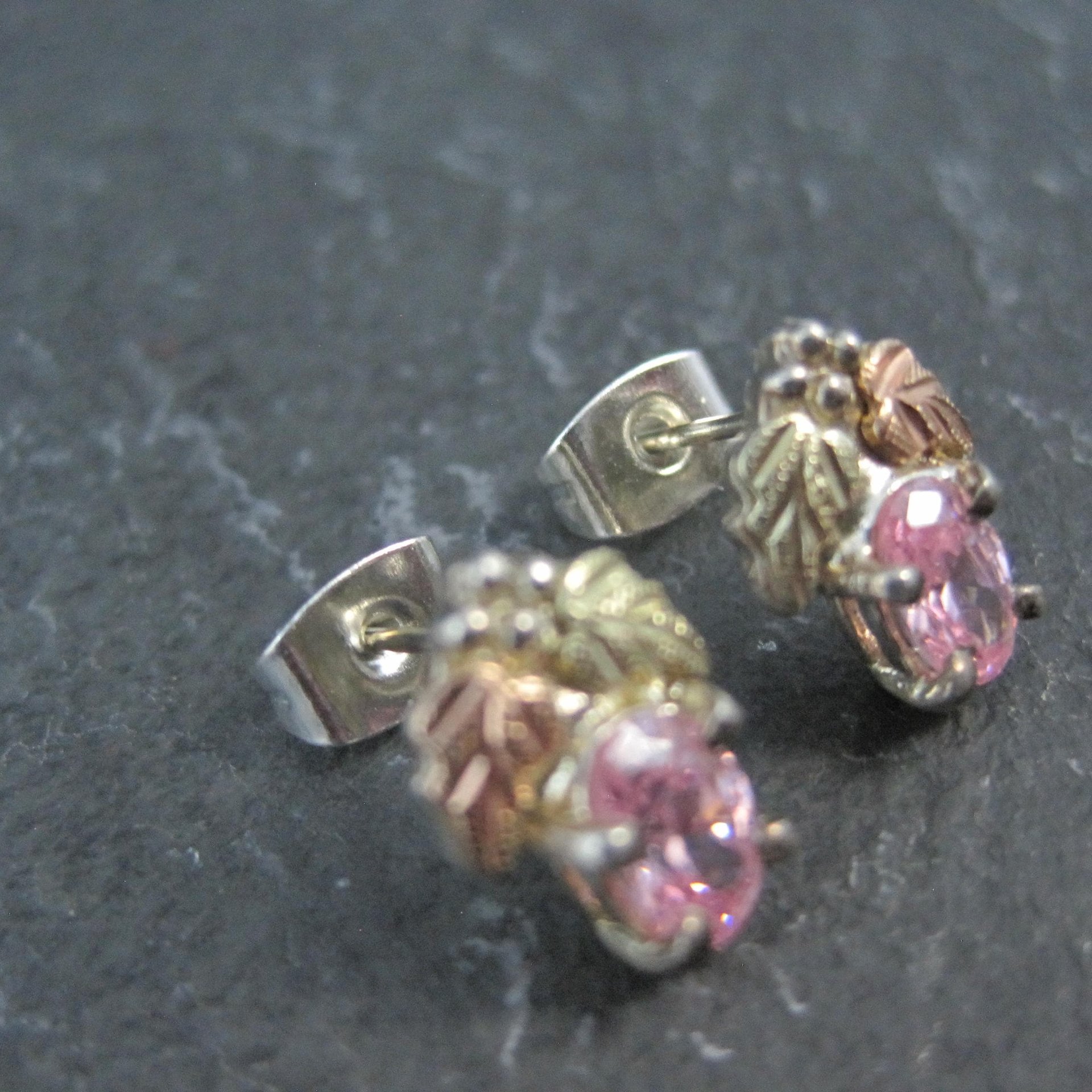 Vintage Black Hills Gold & Silver Pink Cz Stud Earrings Sterling 12K