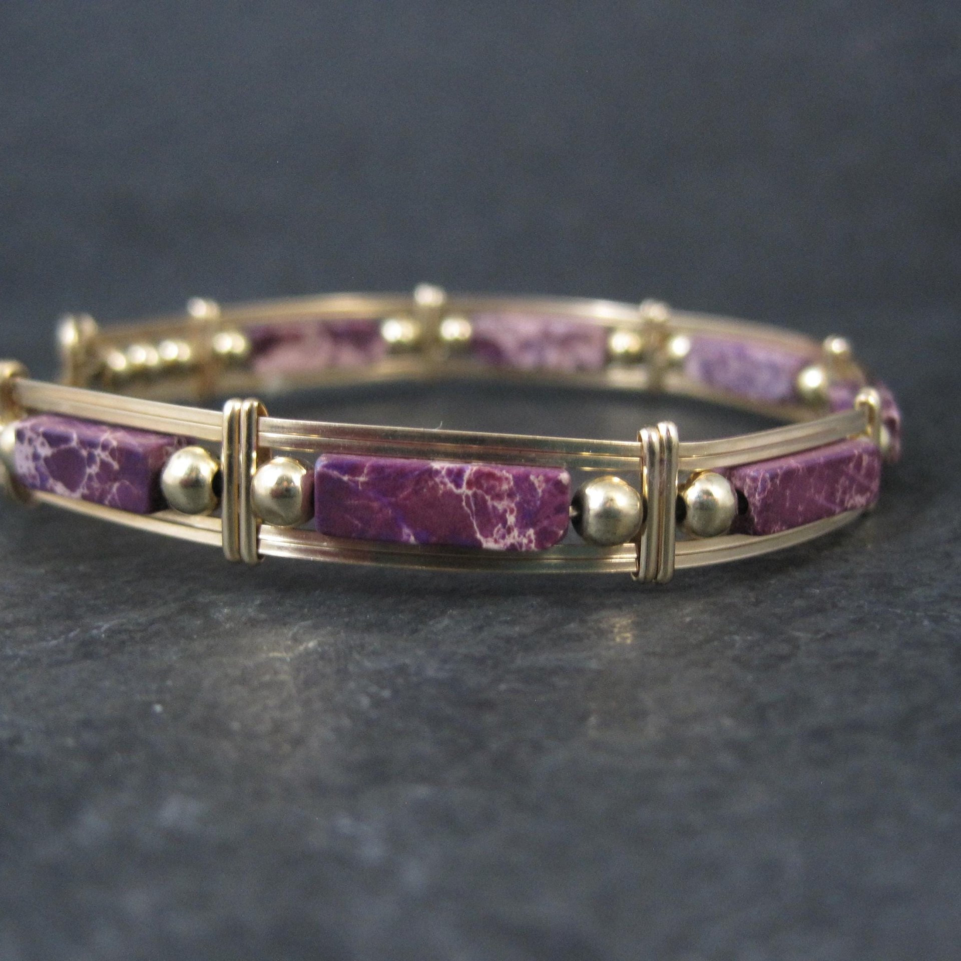 Purple Jasper Wire Wrapped Bangle Bracelet 14K Gold Filled 7.25"