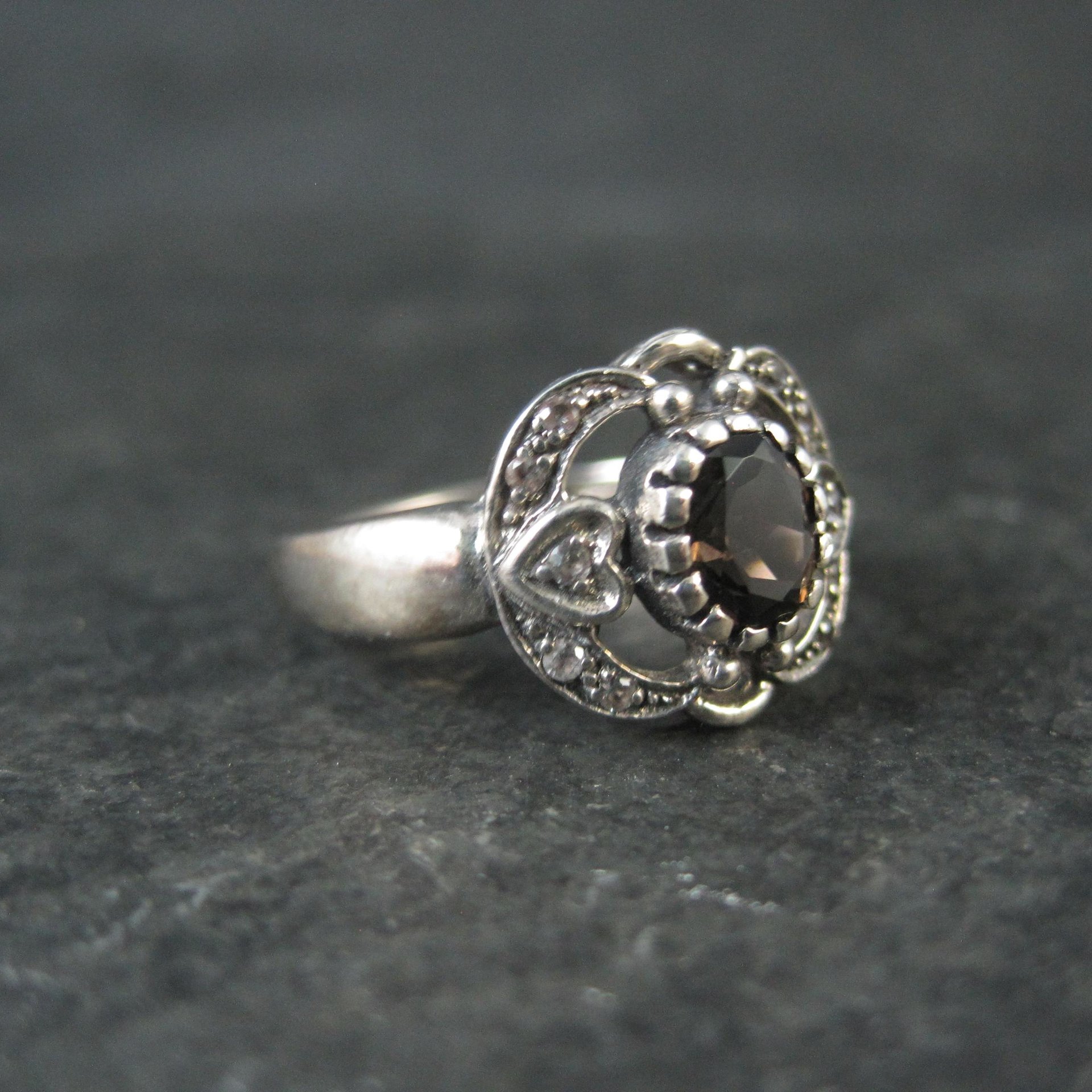 Vintage Smoky Topaz Heart Ring in Sterling Silver Size 8