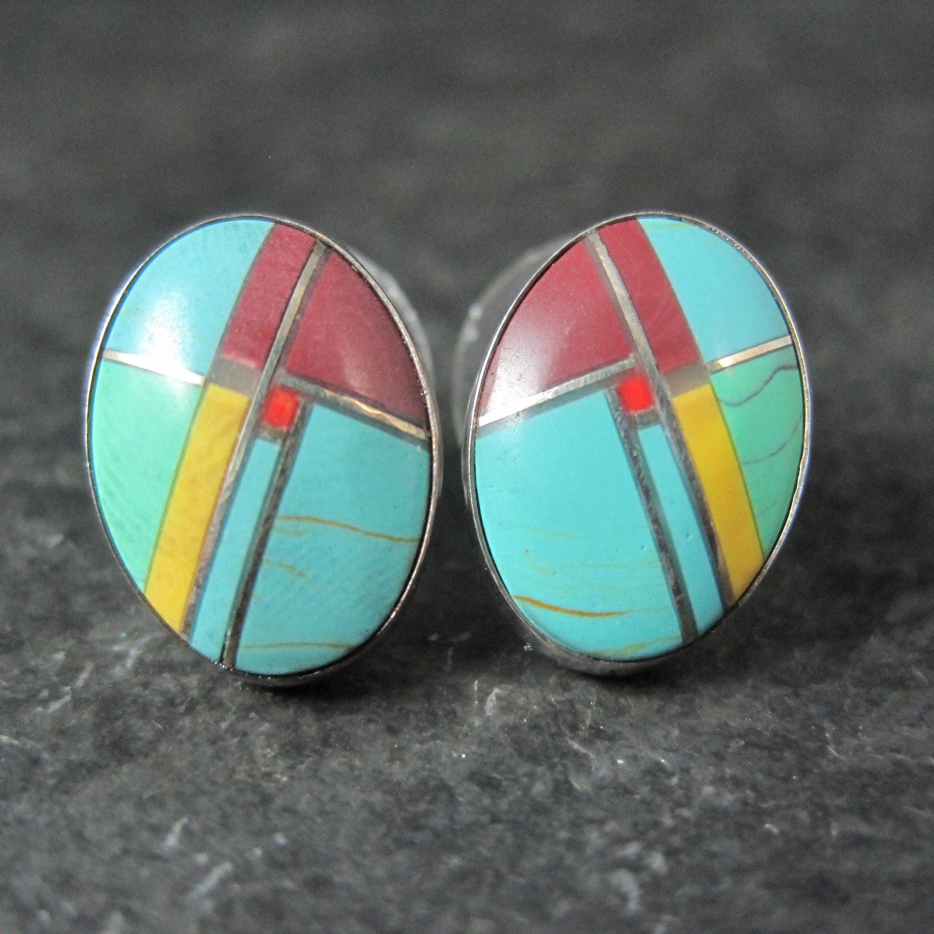 Vintage Sterling Inlay Earrings Southwestern Silver
