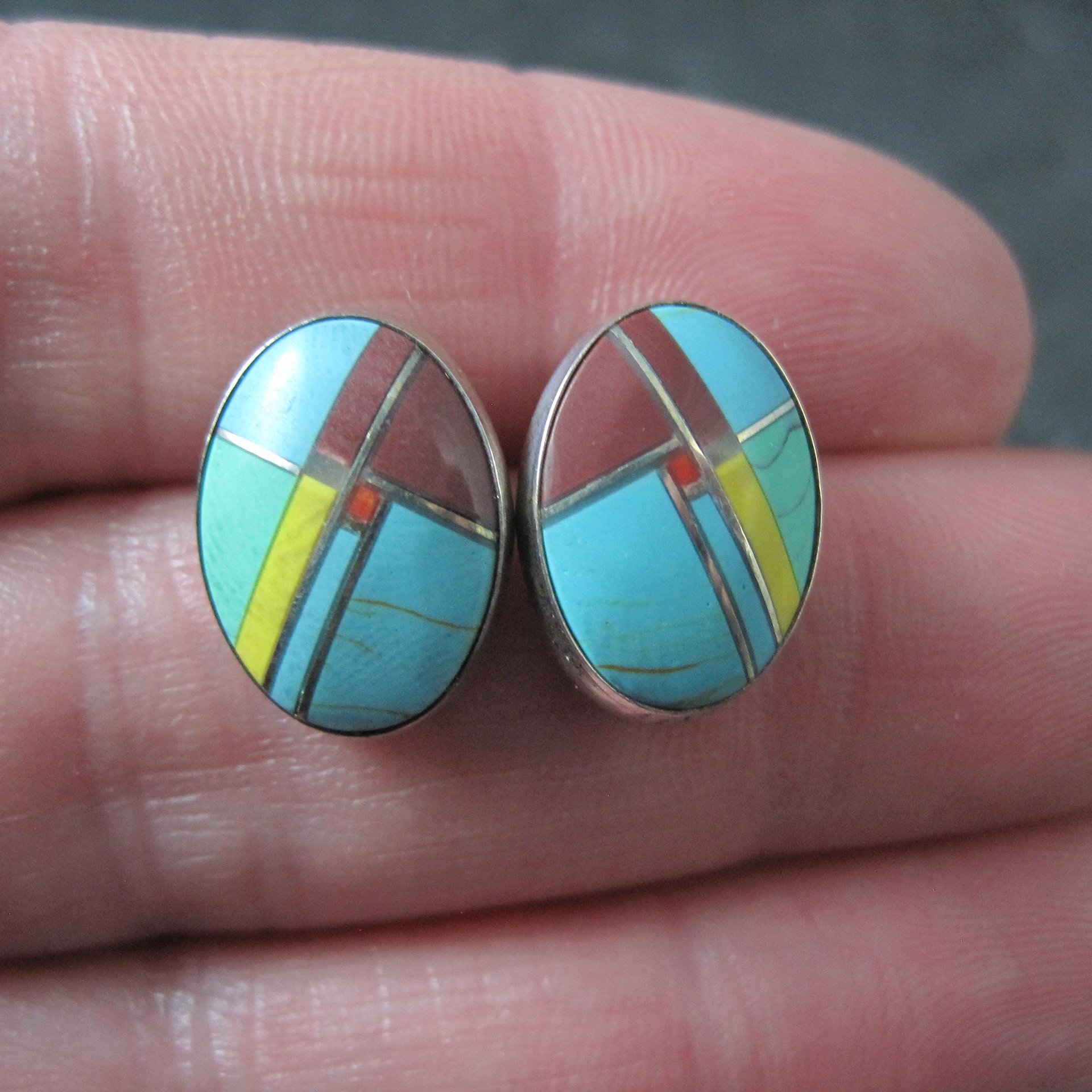 Vintage Sterling Inlay Earrings Southwestern Silver