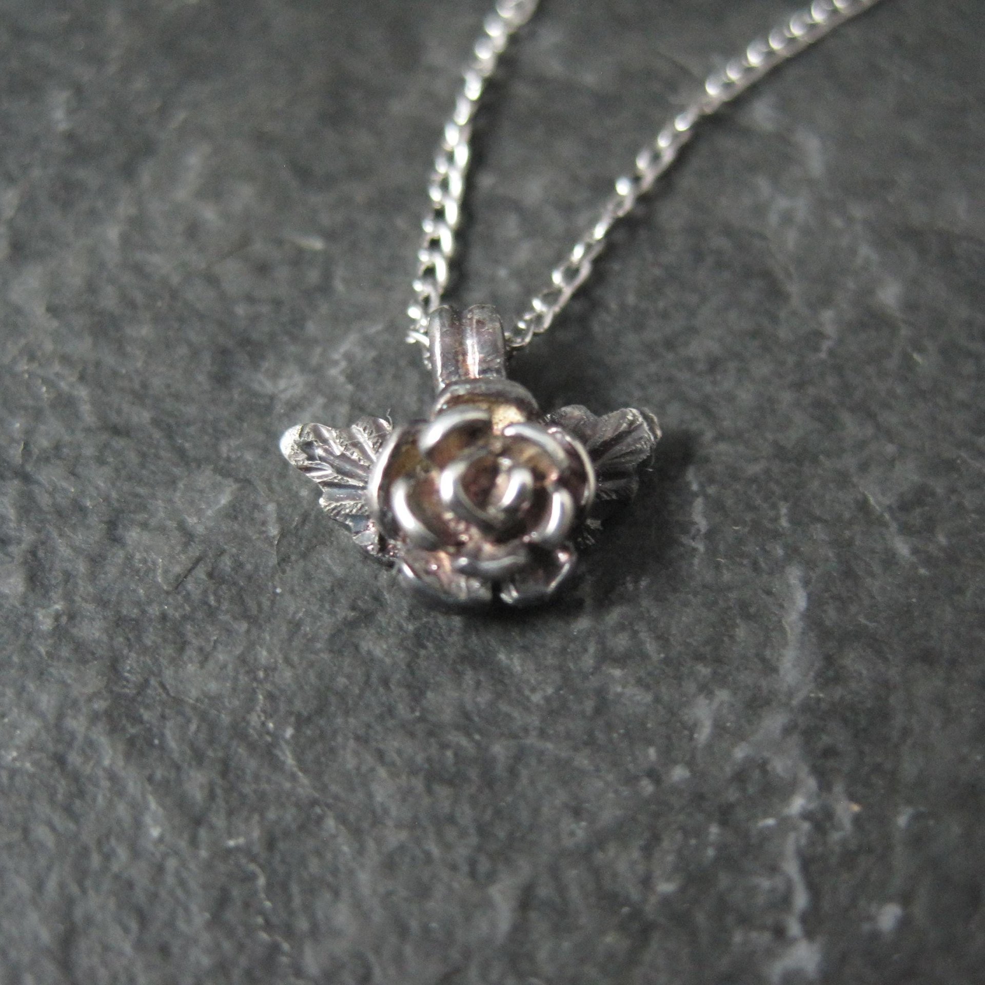 Tiny Black Hills Sterling Rose Pendant Necklace Vintage Silver Ridco