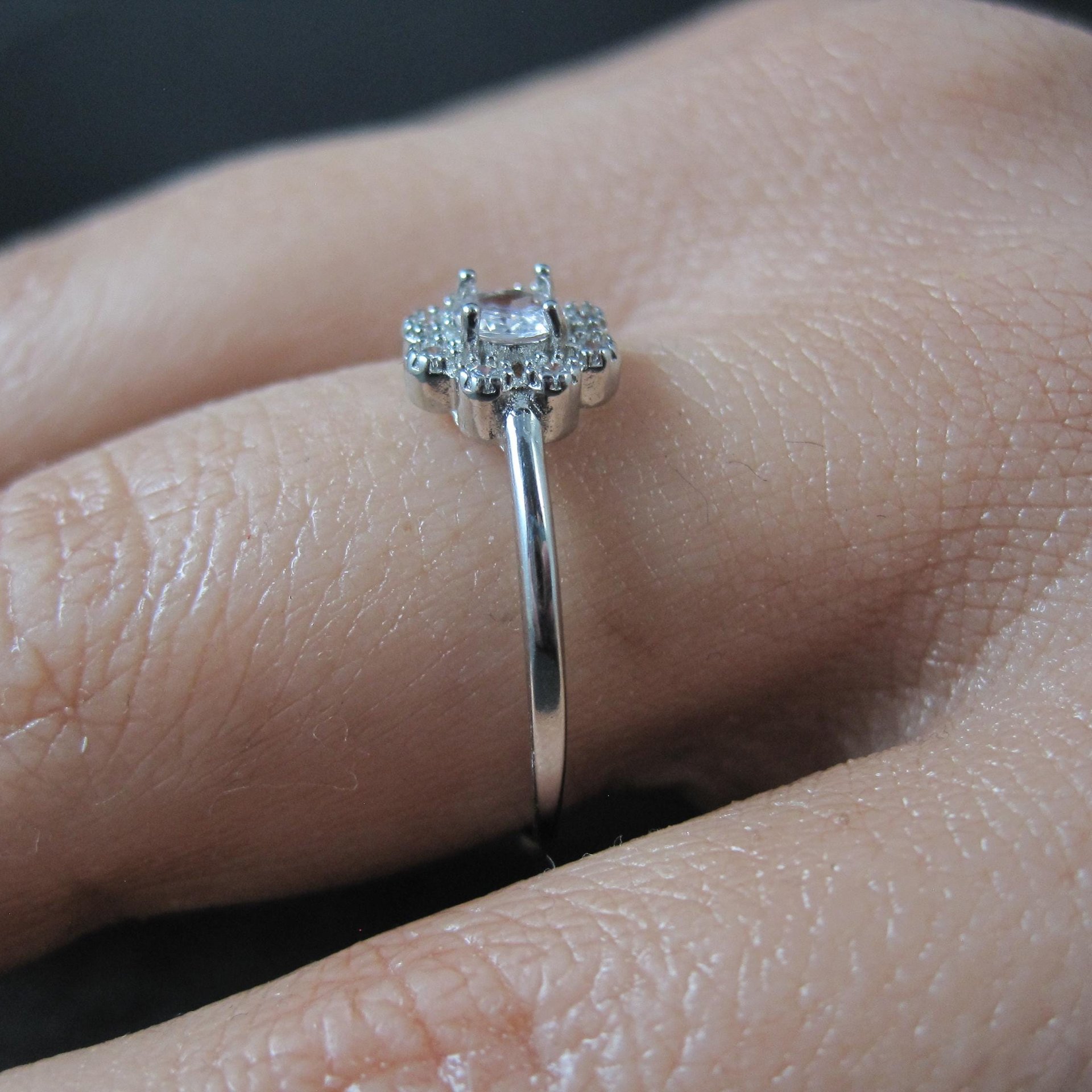 Dainty Rose Quartz Flower Ring Adjustable Size 8 in Sterling Silver