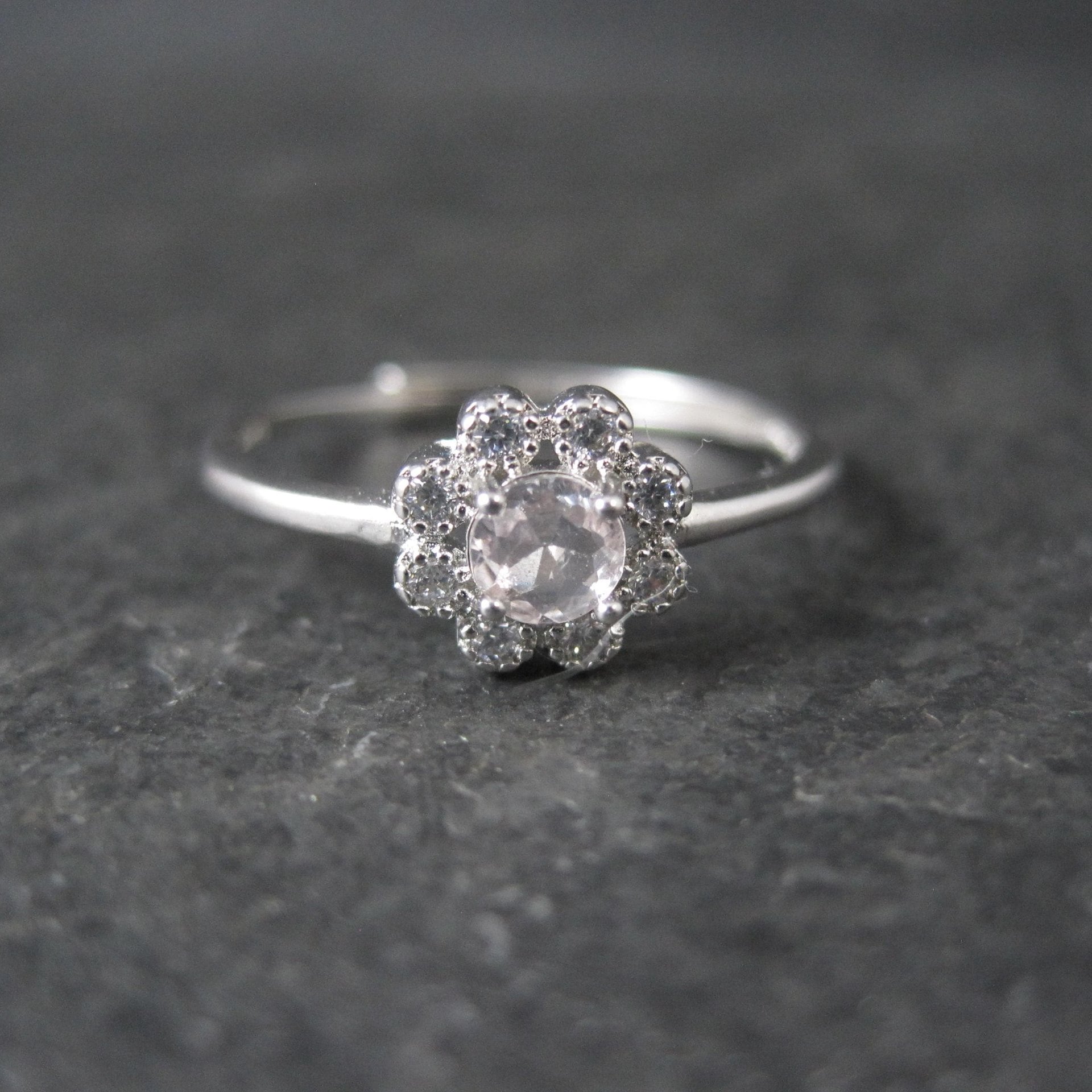 Dainty Rose Quartz Flower Ring Adjustable Size 8 in Sterling Silver