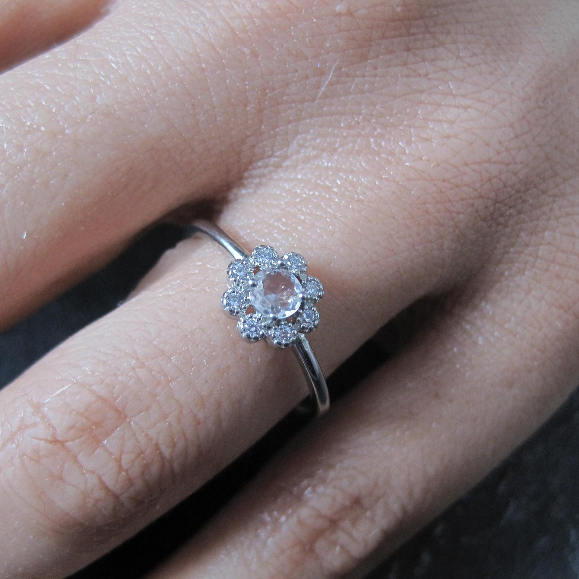 Dainty Rose Quartz Flower Ring Adjustable Size 8 in Sterling Silver