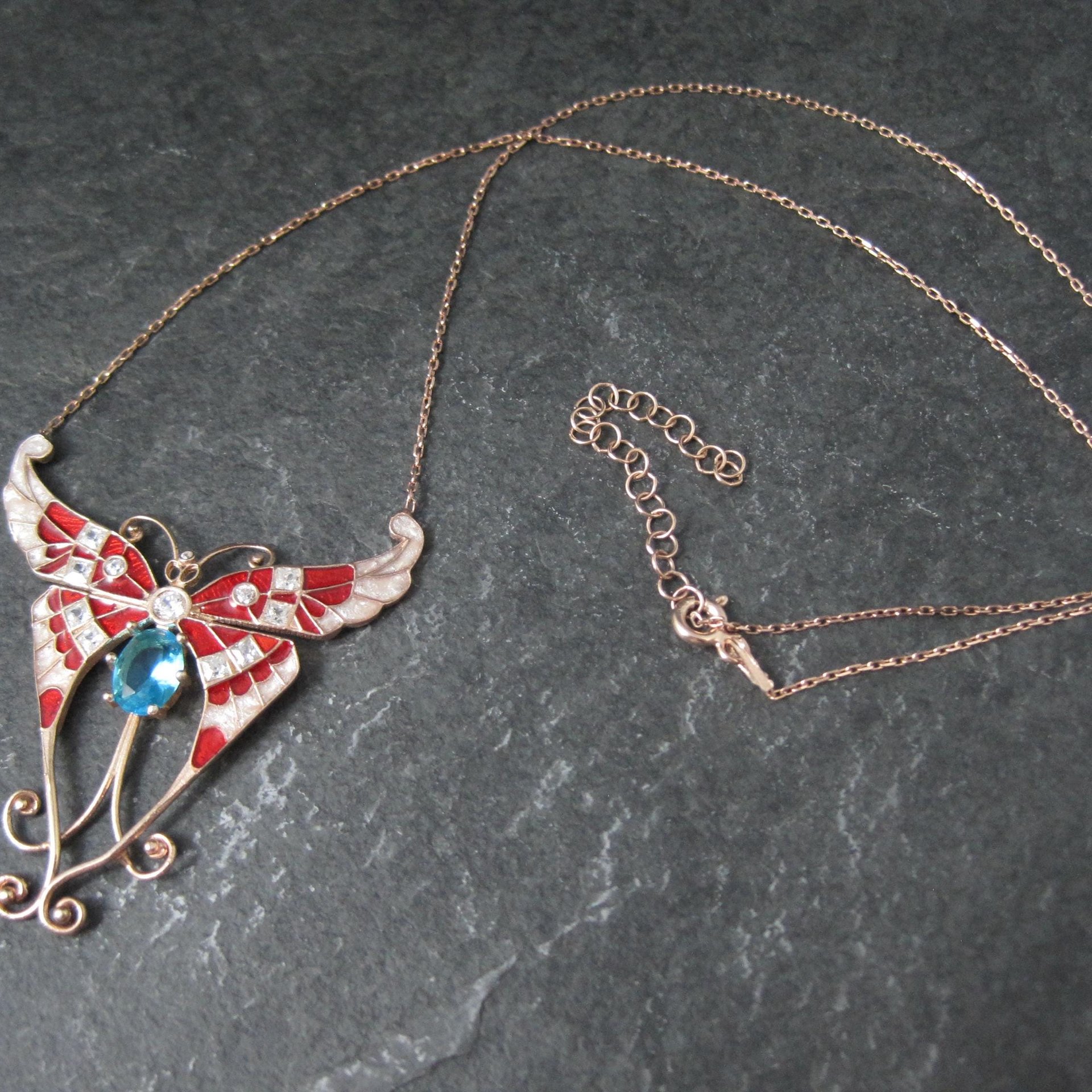 Red White and Blue Enamel Butterfly Necklace Gold Vermeil over Sterling Silver
