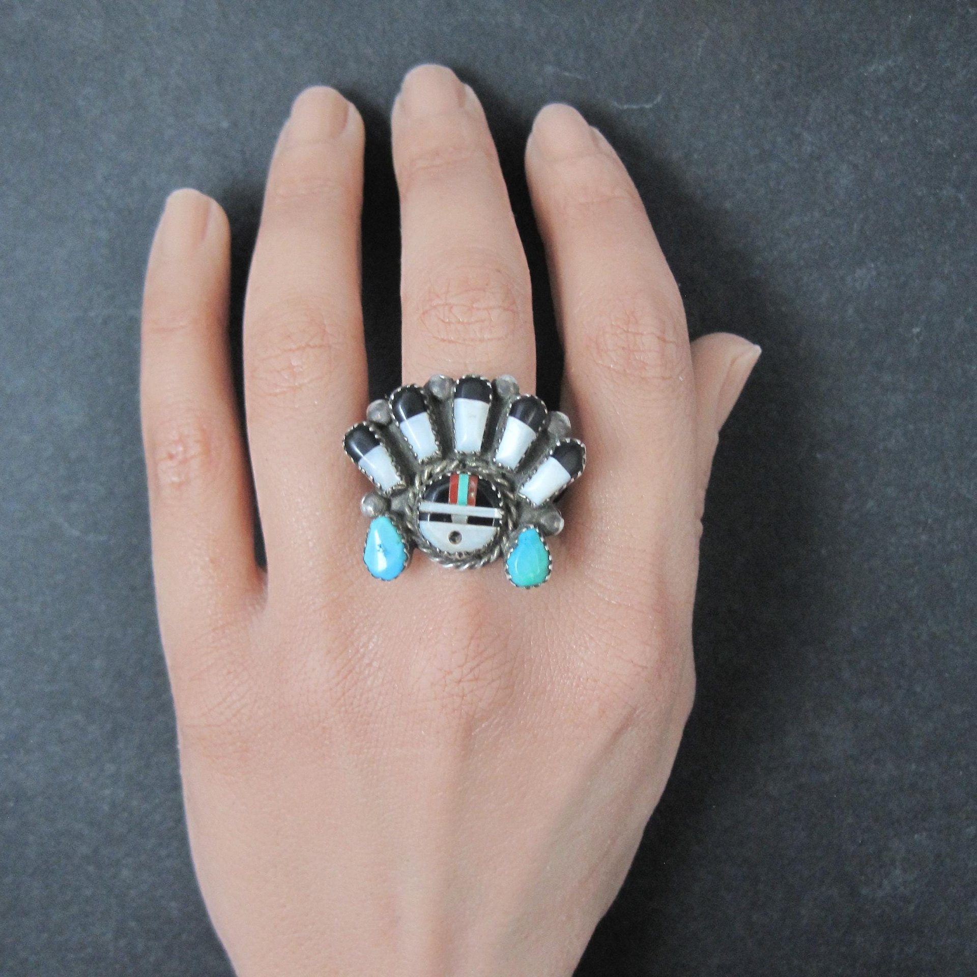 Vintage Southwestern Sterling Silver Inlaid Sunface Ring Size 10