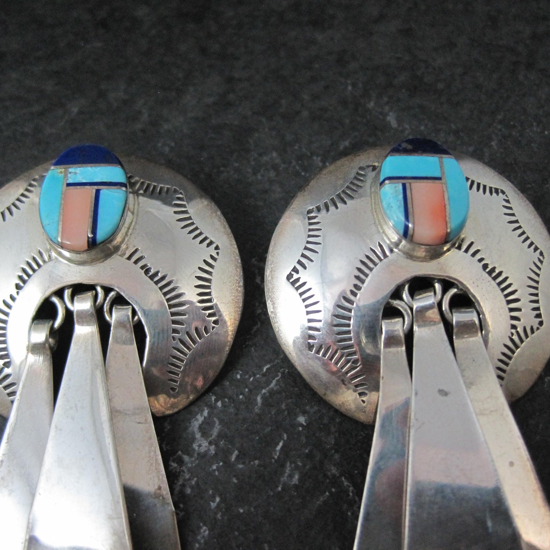 Large Southwestern Sterling Inlay Earrings Turquoise Lapis Spiny Oyster