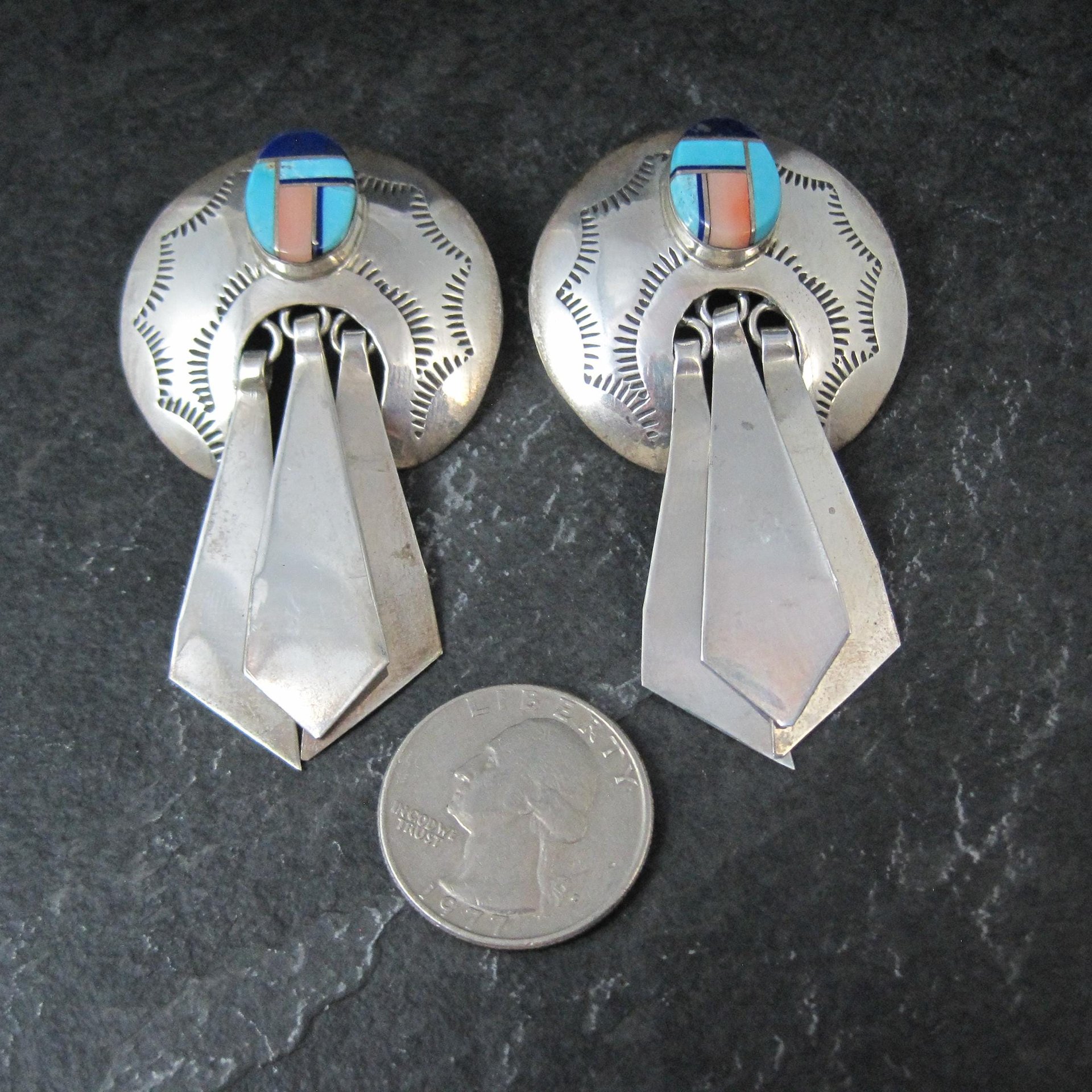Large Southwestern Sterling Inlay Earrings Turquoise Lapis Spiny Oyster