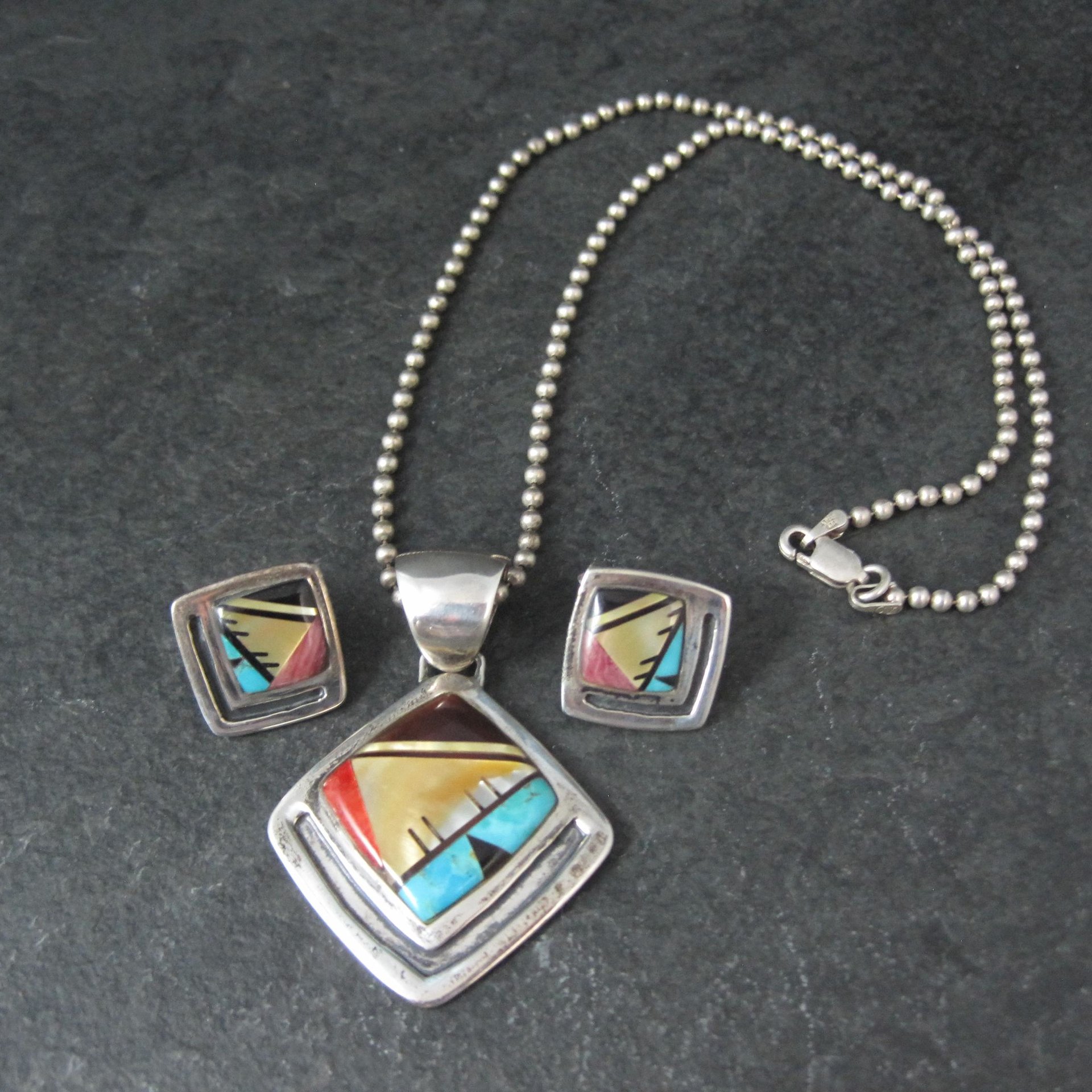 Vintage Southwestern Sterling Inlay Pendant and Earrings Jewelry Set