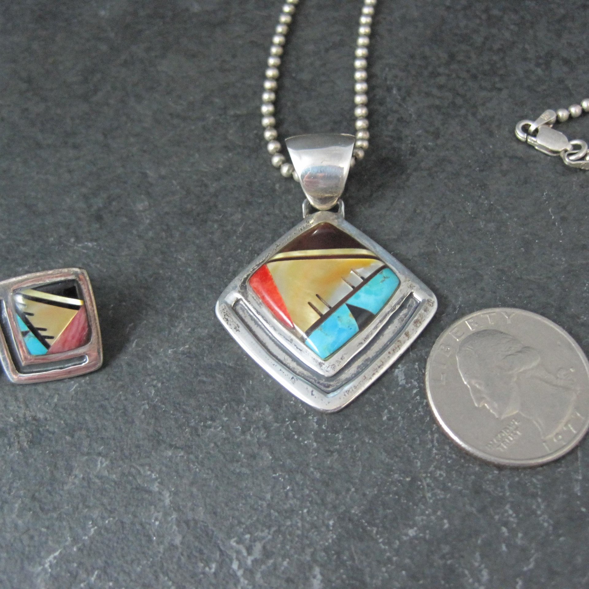 Vintage Southwestern Sterling Inlay Pendant and Earrings Jewelry Set