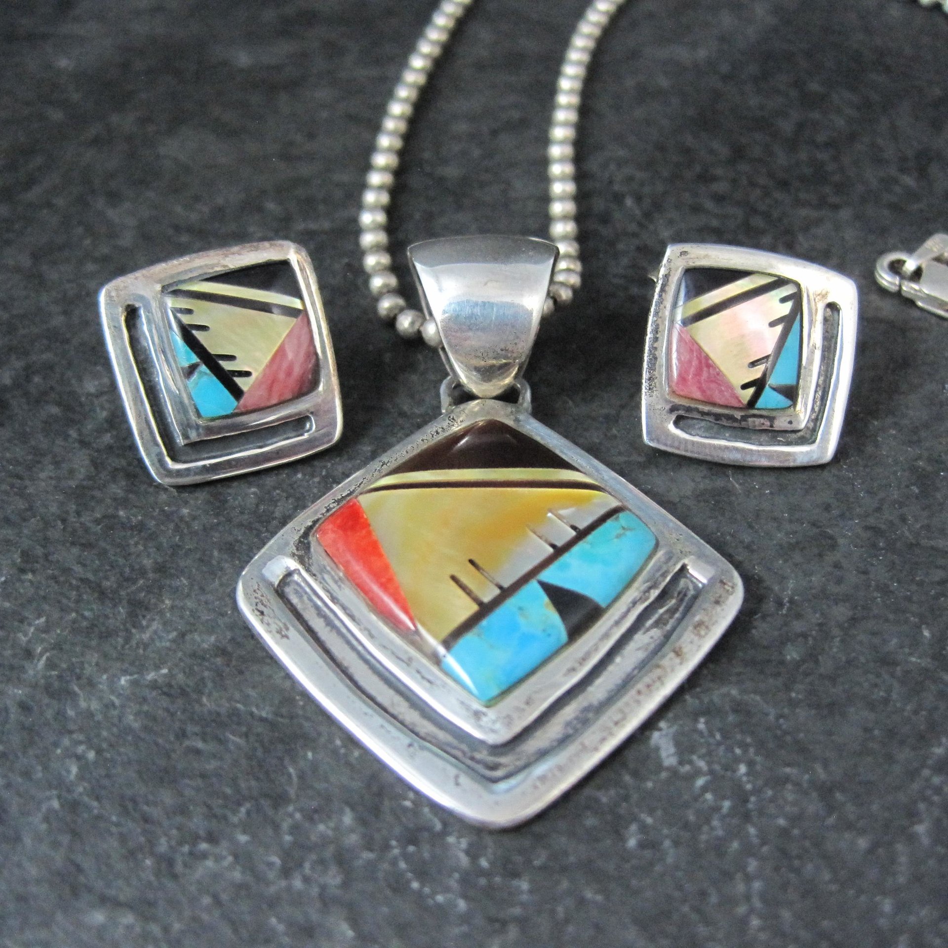 Vintage Southwestern Sterling Inlay Pendant and Earrings Jewelry Set