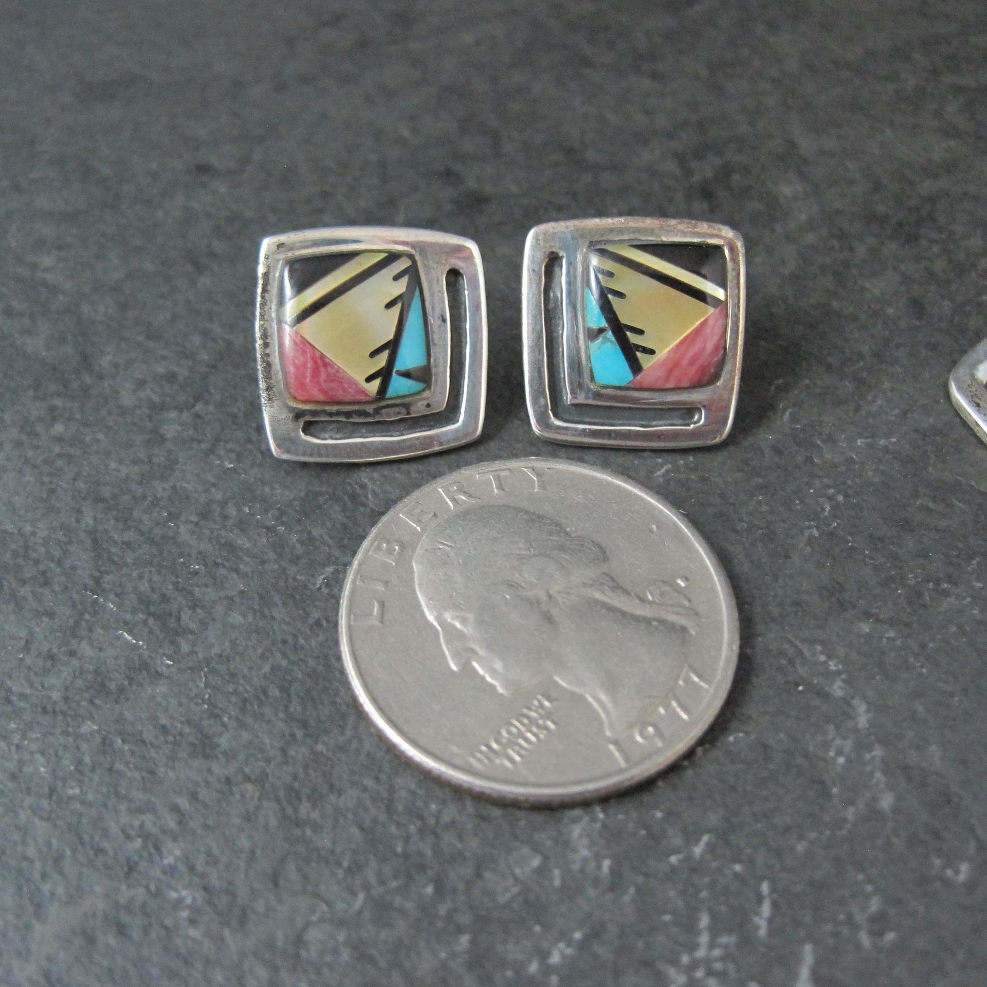 Vintage Southwestern Sterling Inlay Pendant and Earrings Jewelry Set