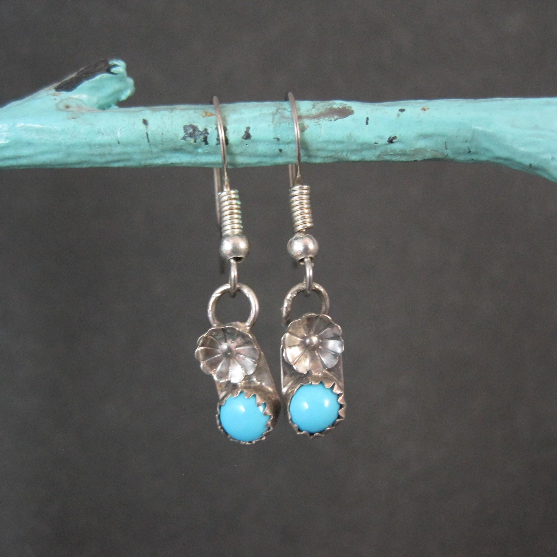 Dainty Southwestern Turquoise Peyote Flower Earrings Sterling Silver