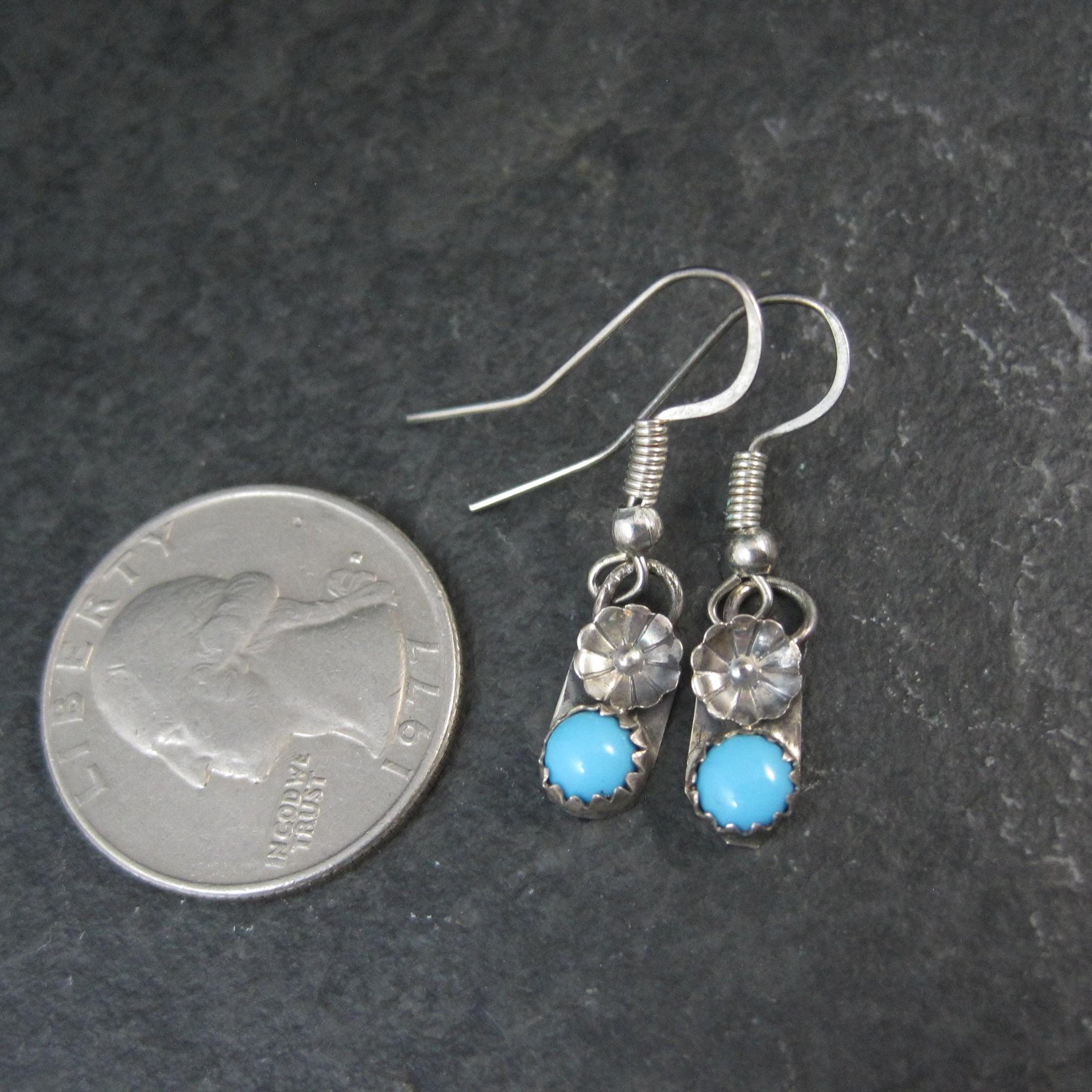 Dainty Southwestern Turquoise Peyote Flower Earrings Sterling Silver
