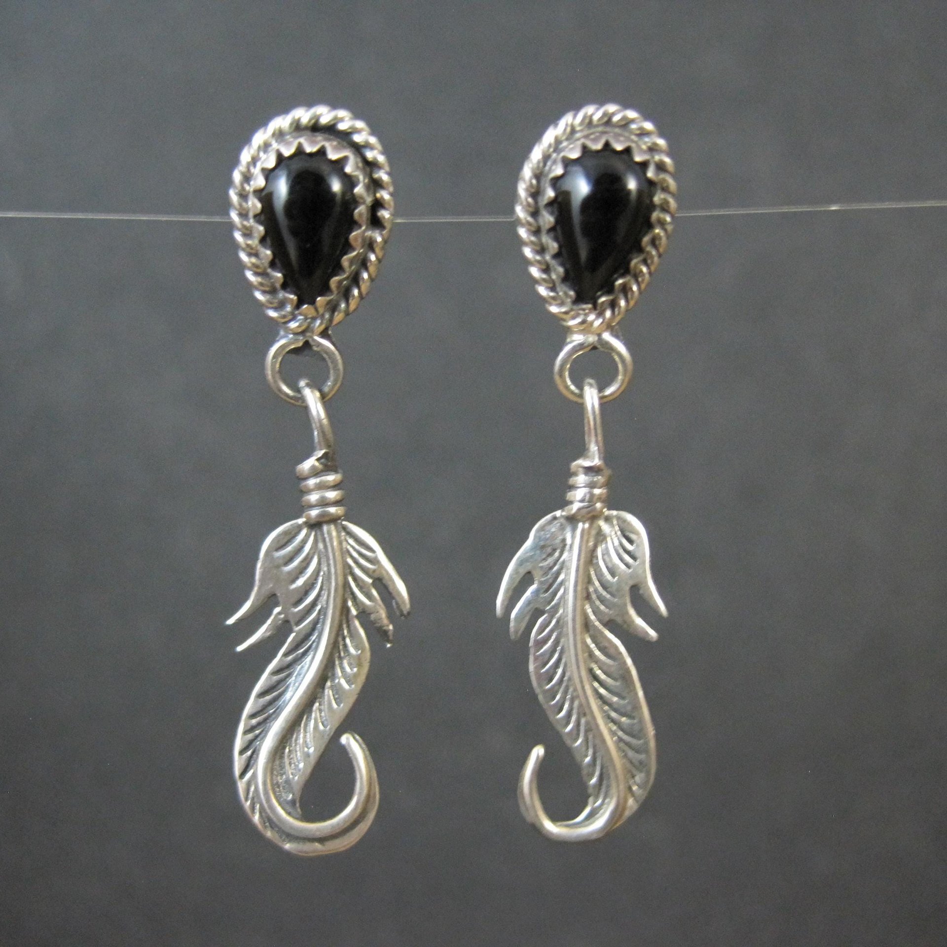 Southwestern Sterling Onyx Feather Earrings