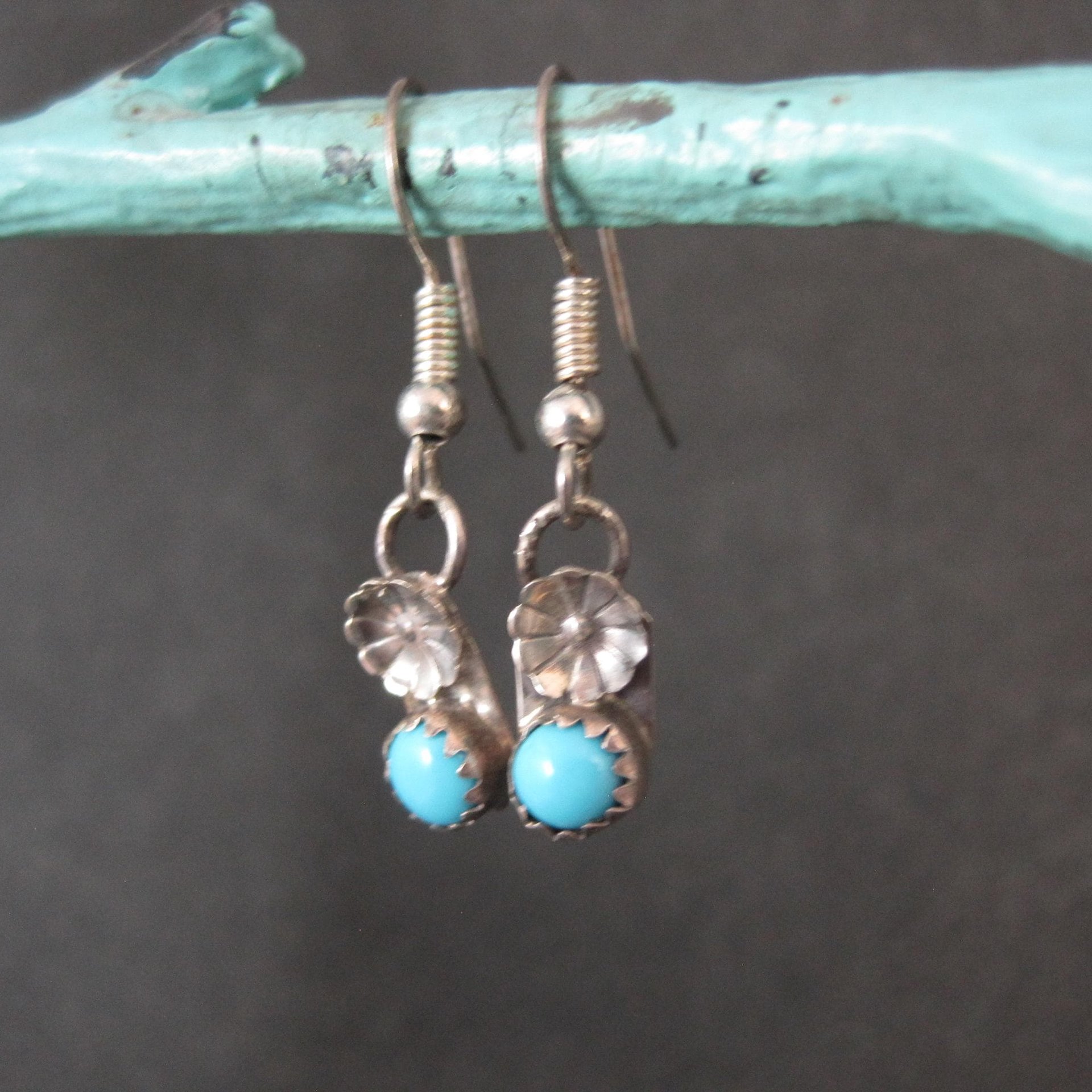 Dainty Southwestern Turquoise Peyote Flower Earrings Sterling Silver