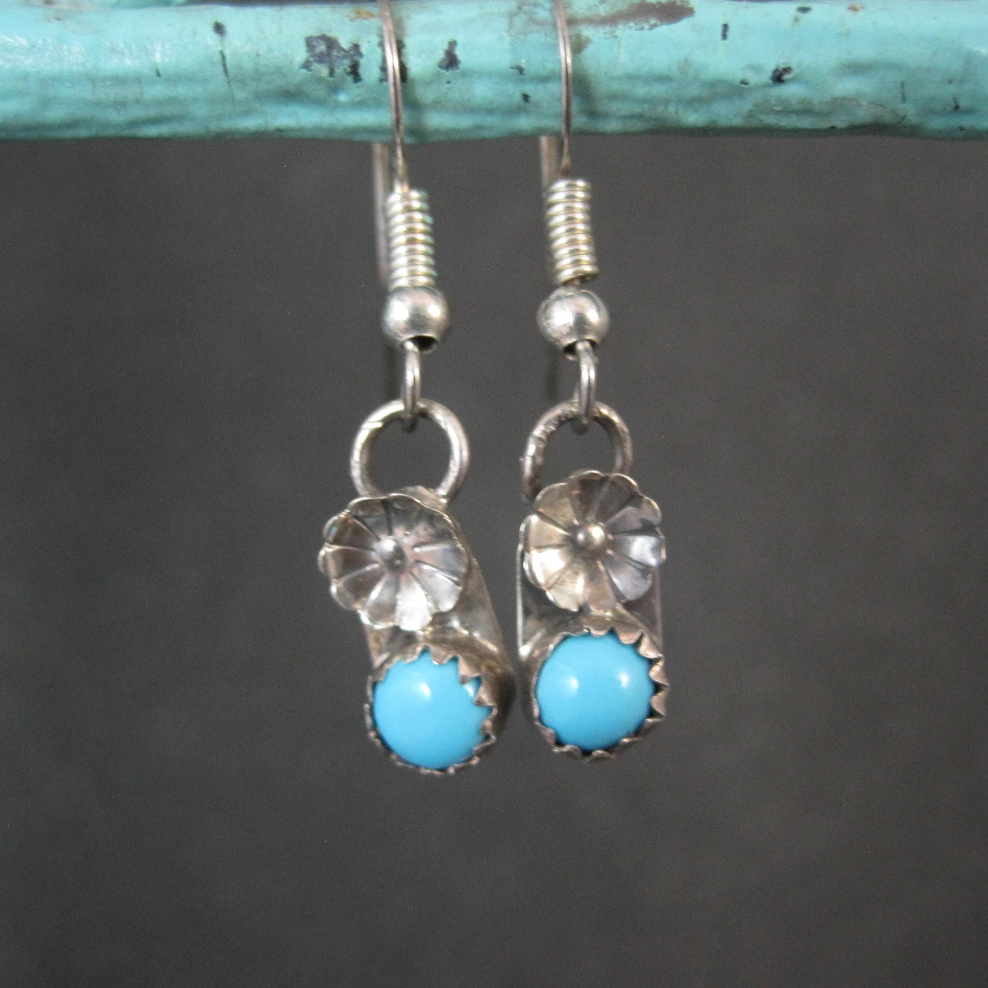 Dainty Southwestern Turquoise Peyote Flower Earrings Sterling Silver
