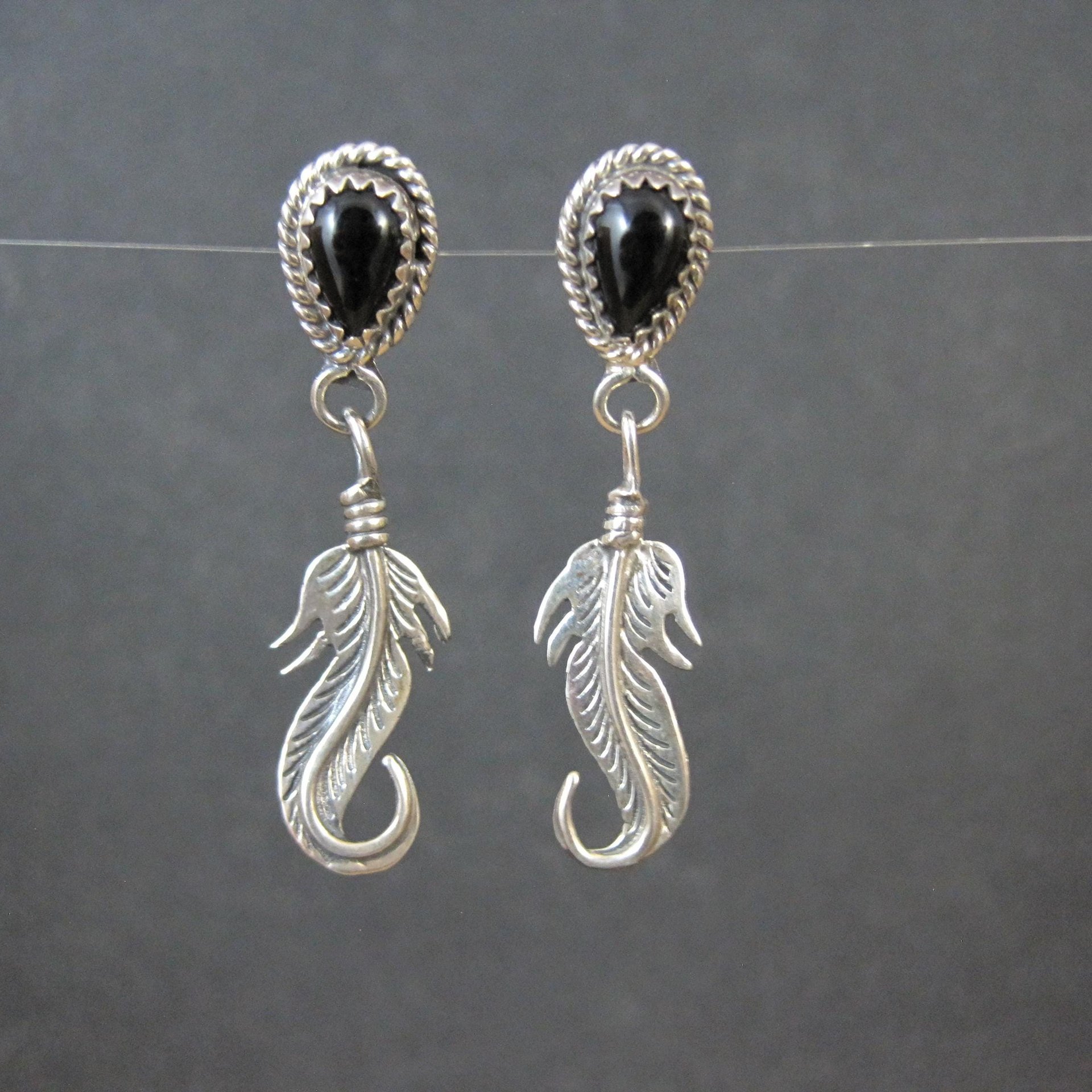 Southwestern Sterling Onyx Feather Earrings