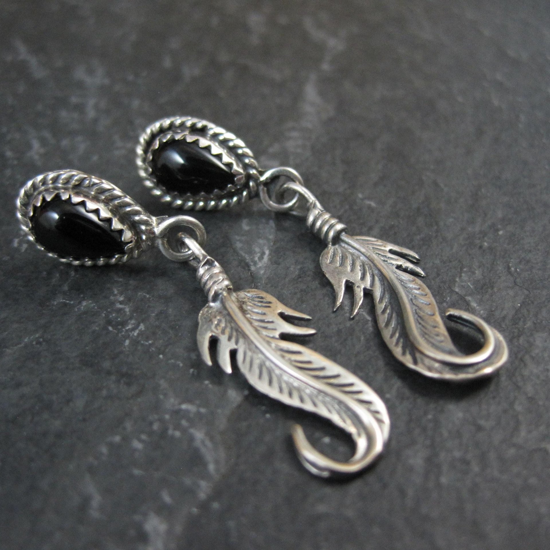 Southwestern Sterling Onyx Feather Earrings
