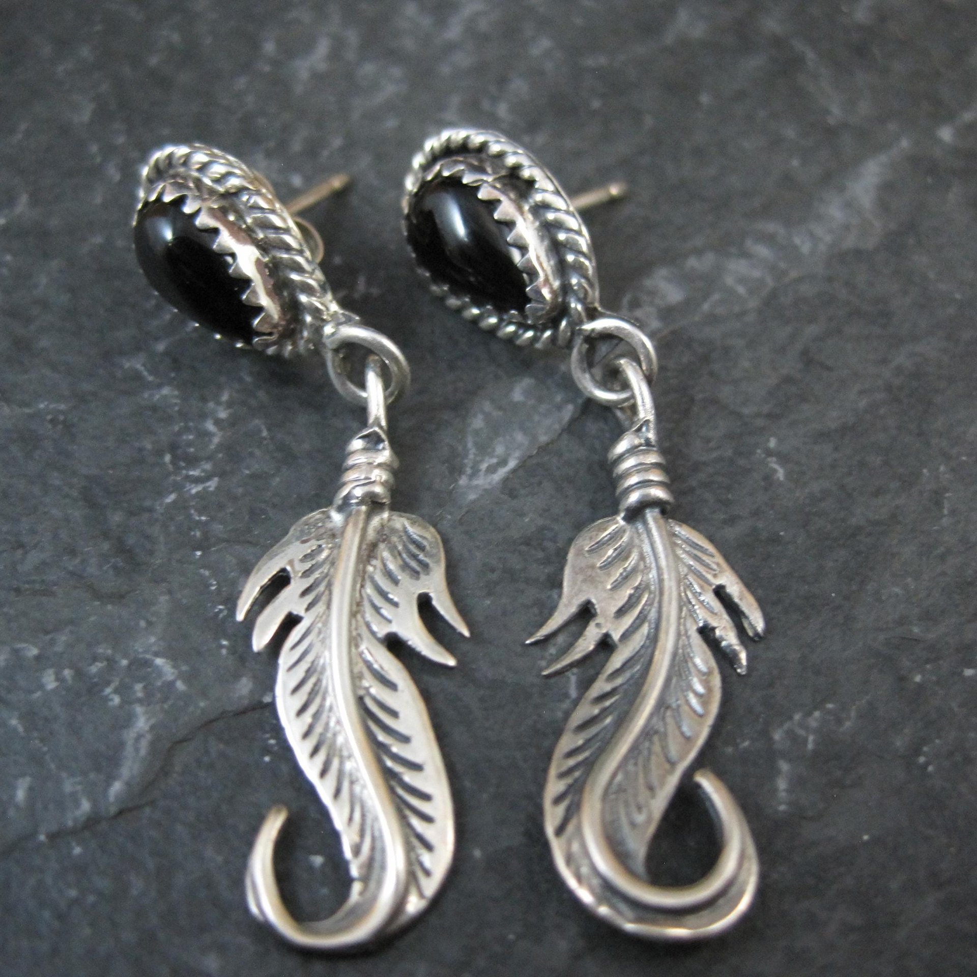 Southwestern Sterling Onyx Feather Earrings