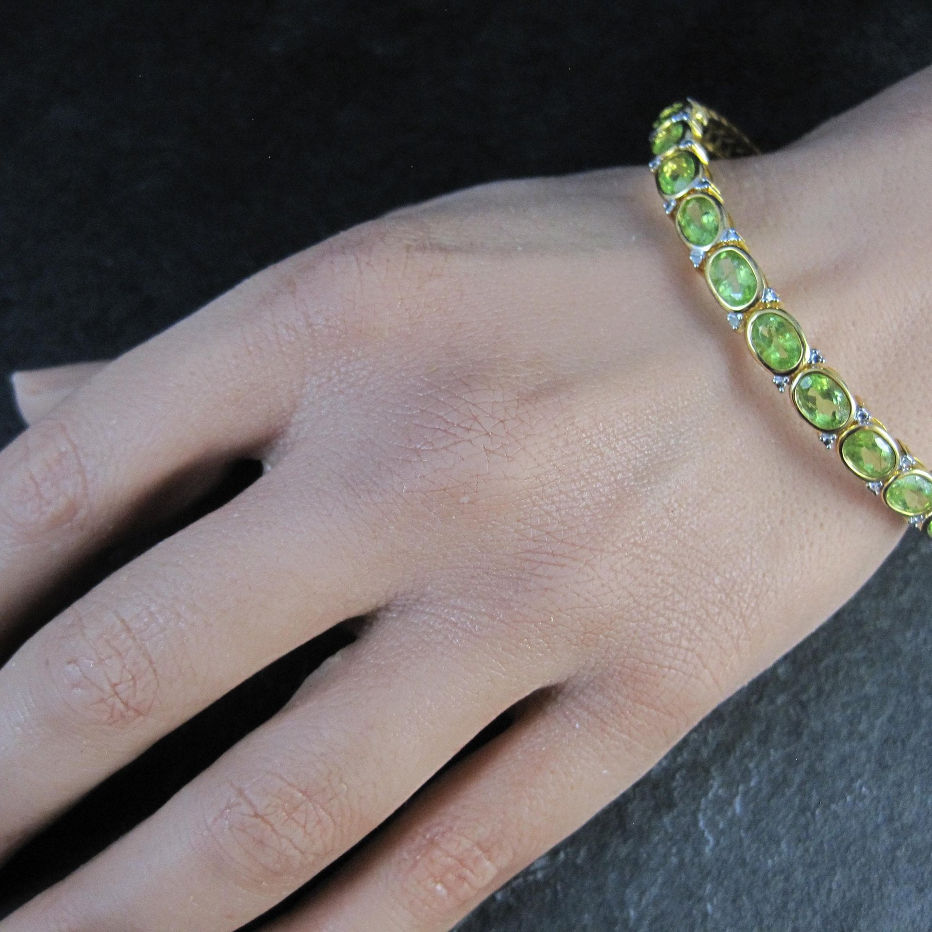 Estate Vermeil Peridot Cuff Bracelet 7" Sterling Silver 14 Carats