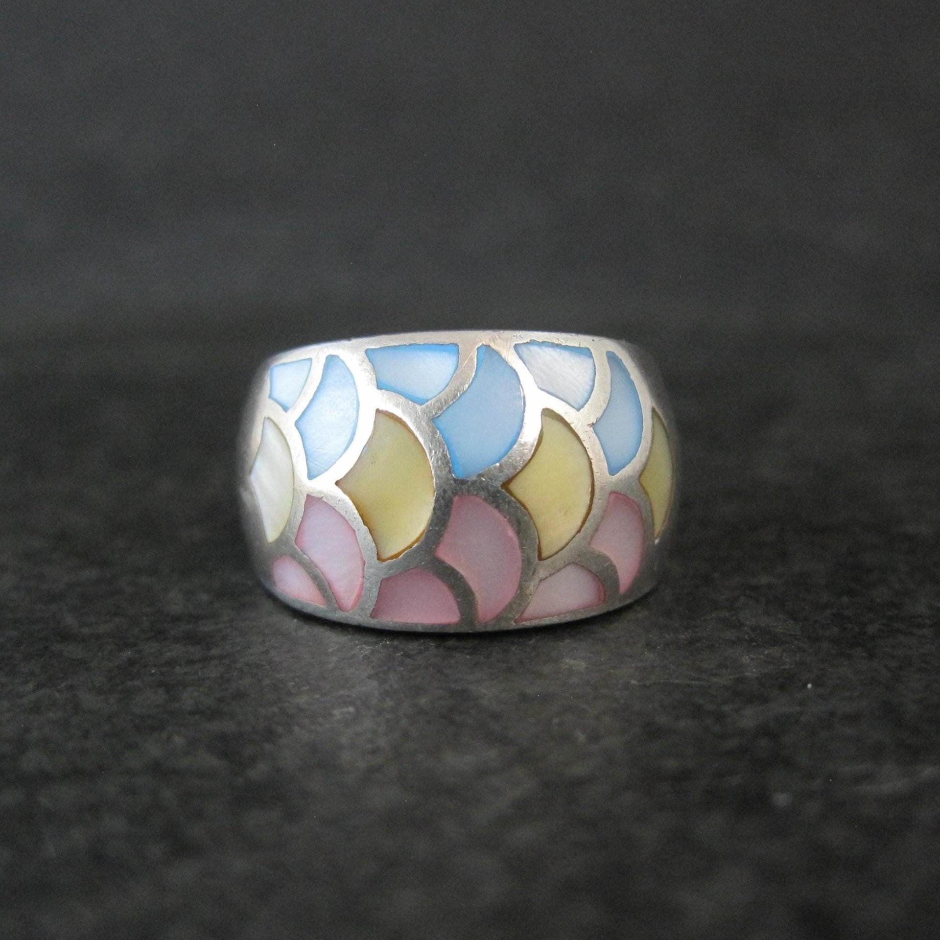 Wide Mother of Pearl Sterling Silver Band Ring Size 8 Vintage