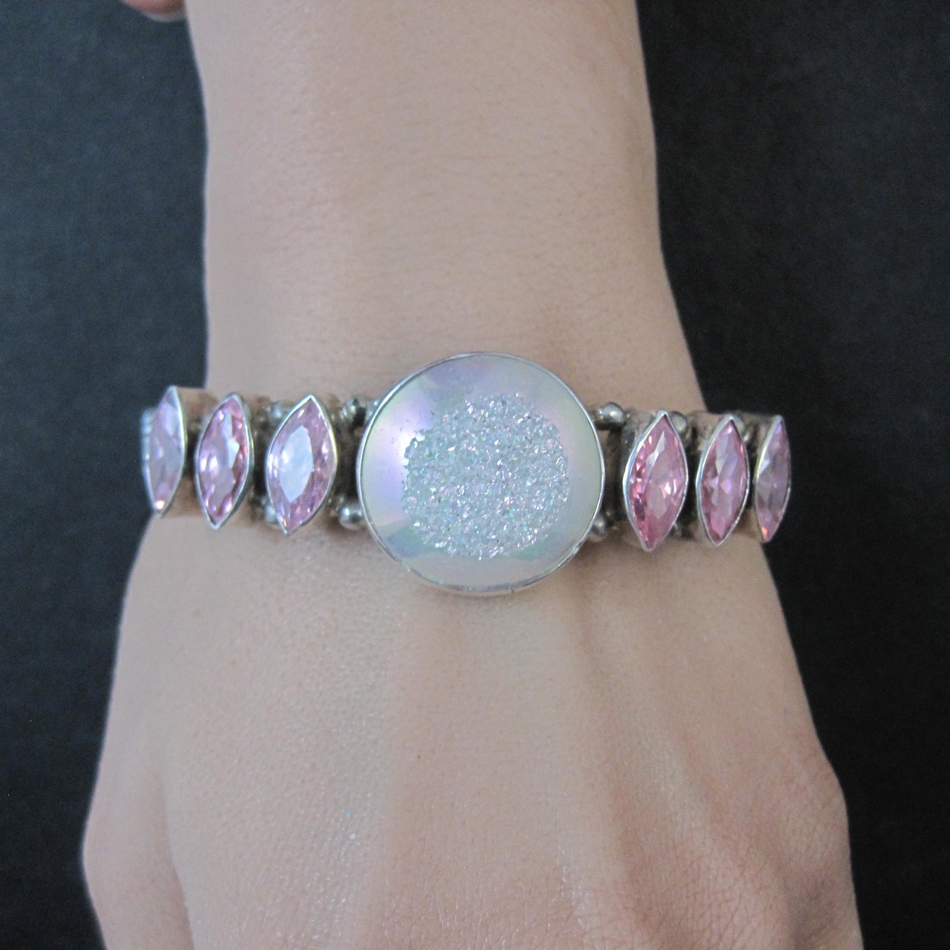 Contemporary Navajo Druzy Pink Tourmaline Cuff Bracelet Ronnie Willie 6.5"