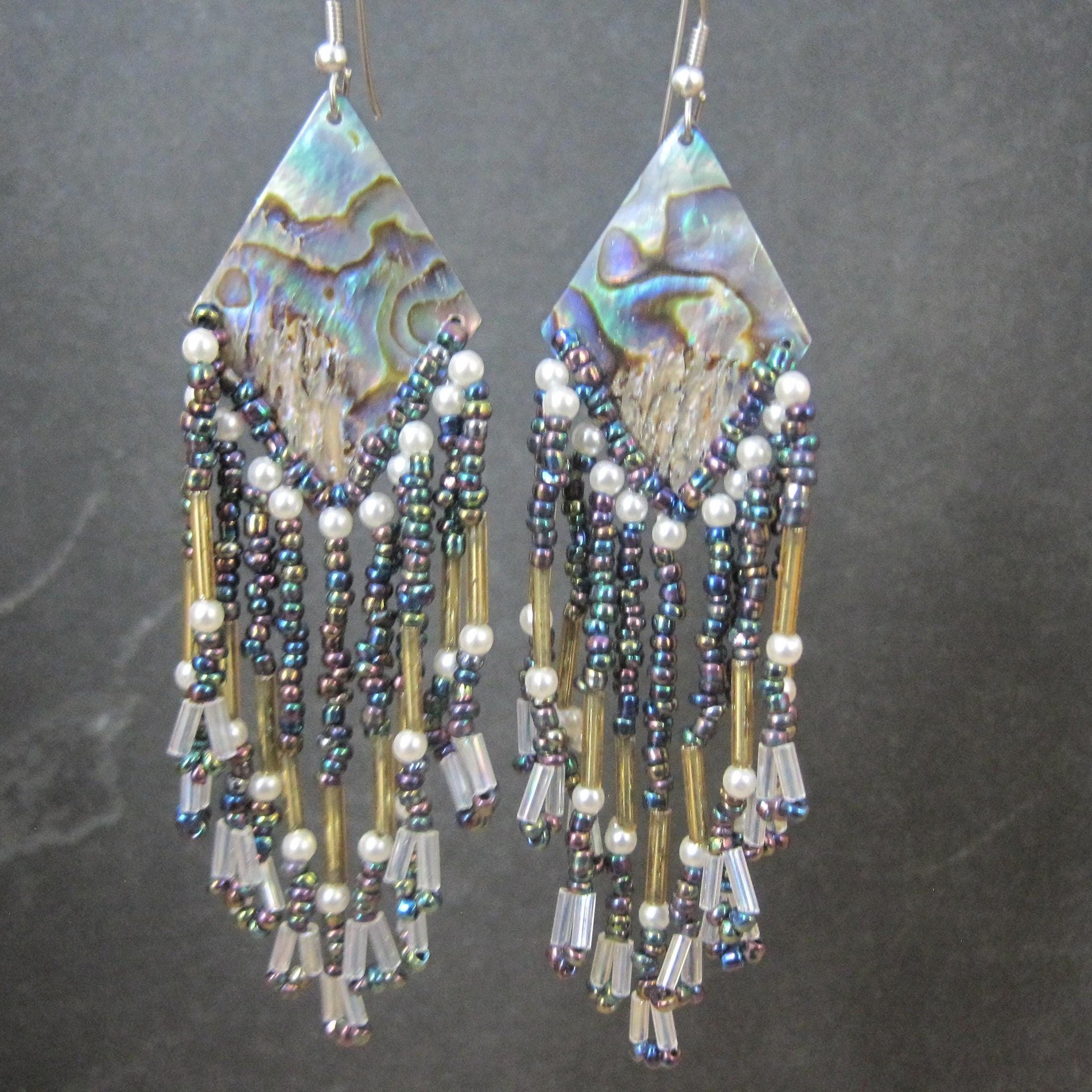 Long Vintage Abalone Beaded Earrings 1980s
