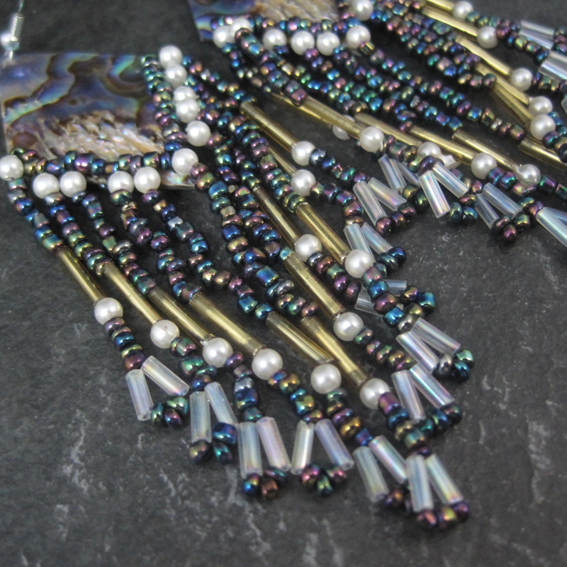Long Vintage Abalone Beaded Earrings 1980s