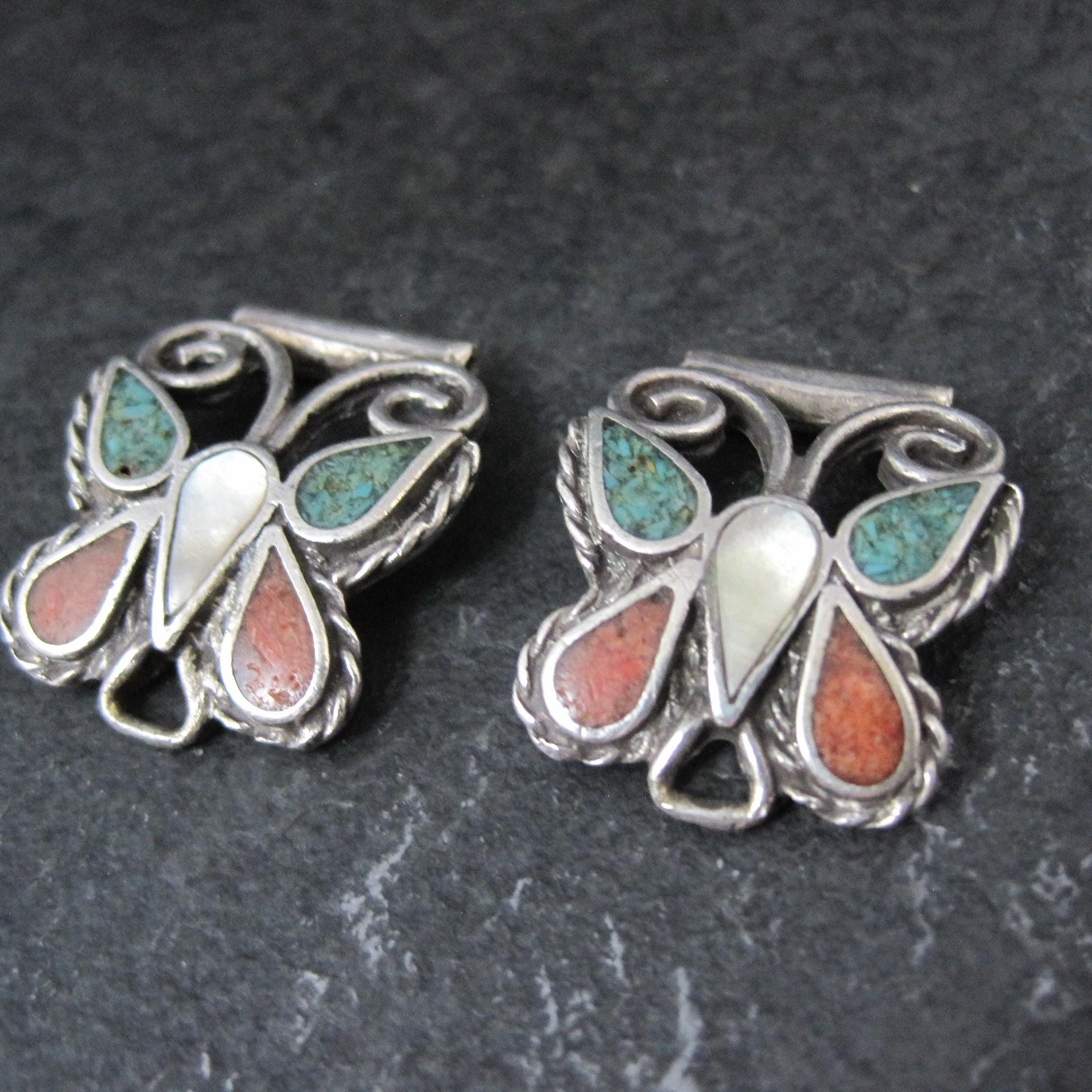 Vintage Inlaid Butterfly Watch Tips Sterling Silver Southwestern