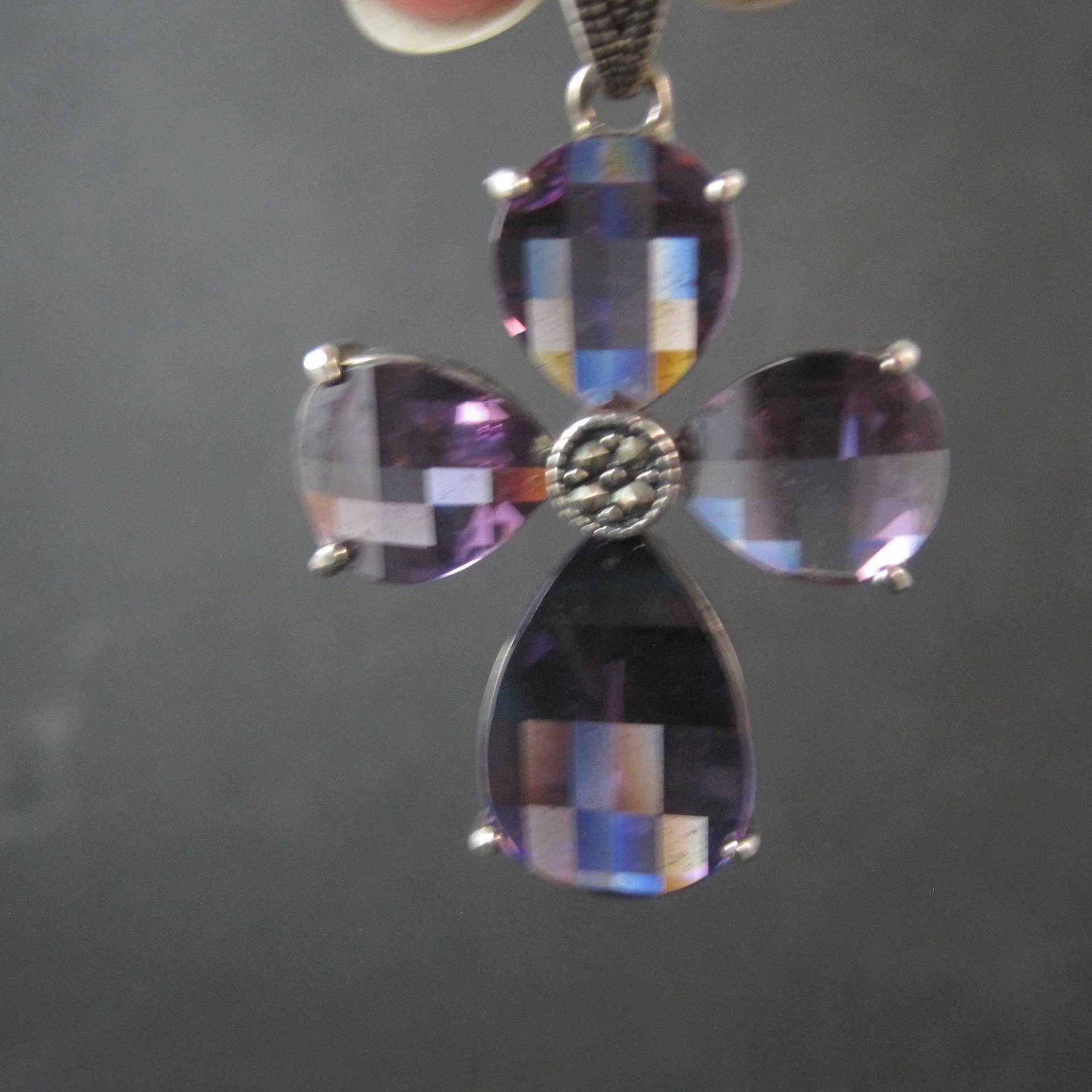 Faceted Amethyst and Marcasite Cross Pendant in Sterling Silver