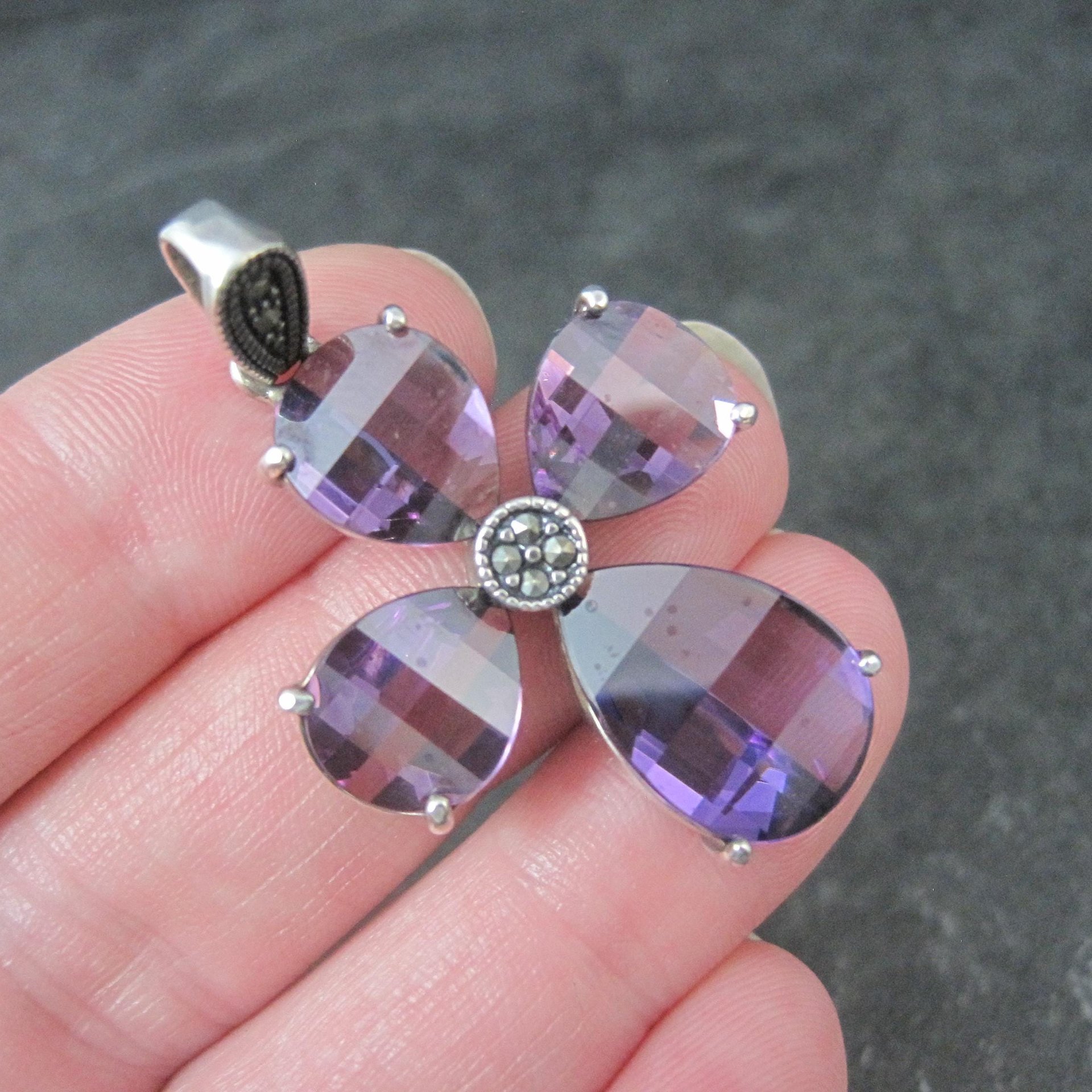 Faceted Amethyst and Marcasite Cross Pendant in Sterling Silver
