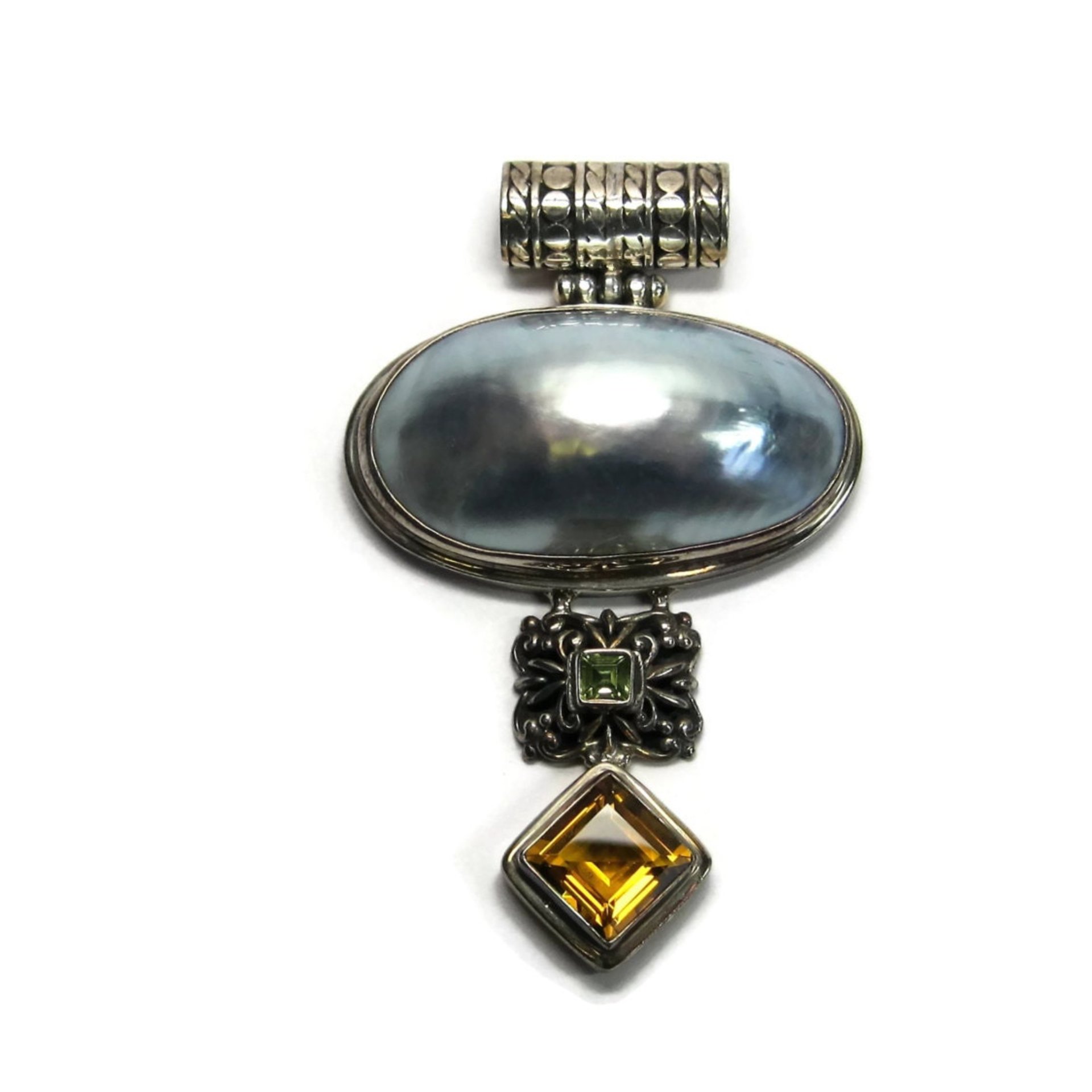 Large Vintage Sterling Peridot Topaz Mabe Pearl Pendant