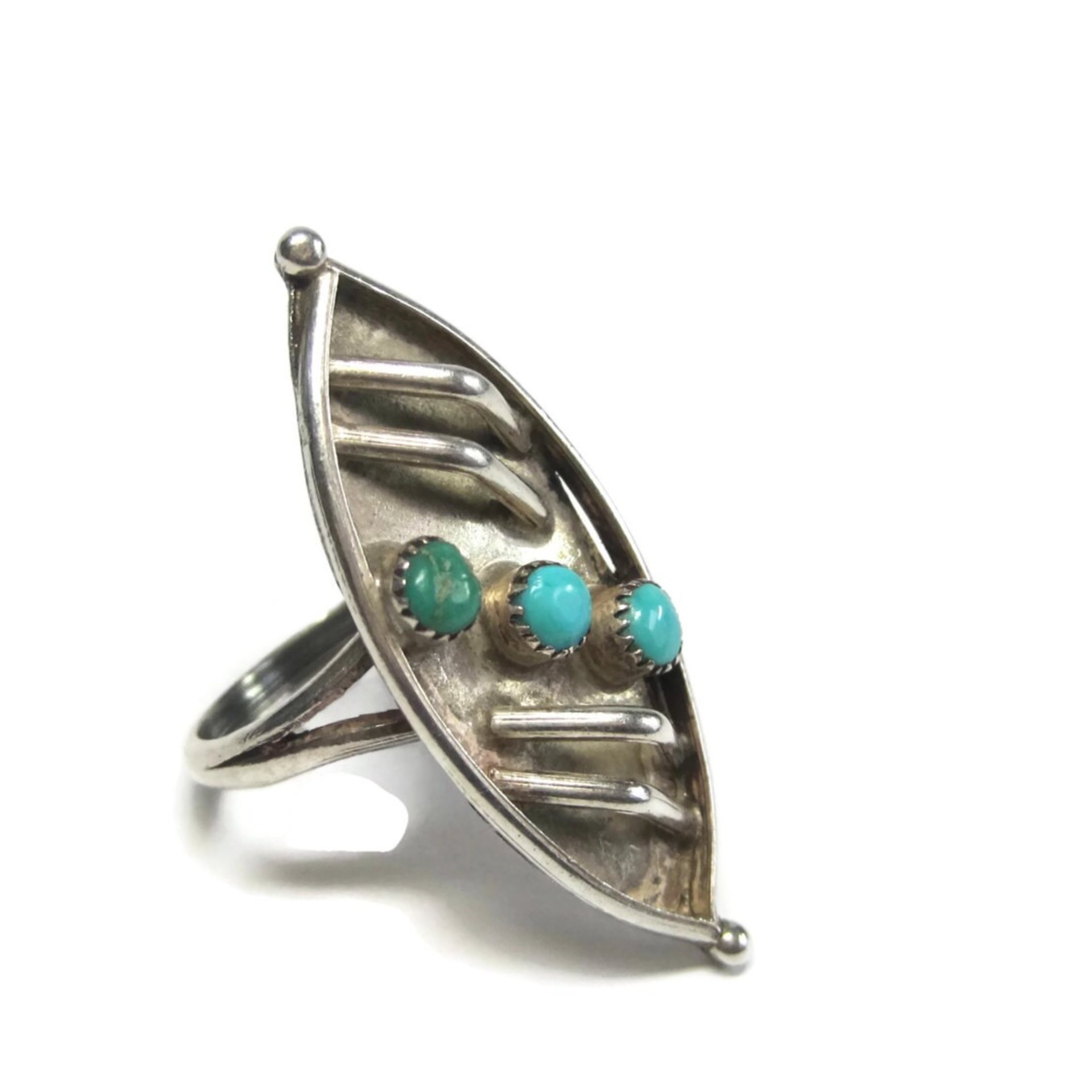 Long Vintage Navajo Sterling Turquoise Ring Size 7