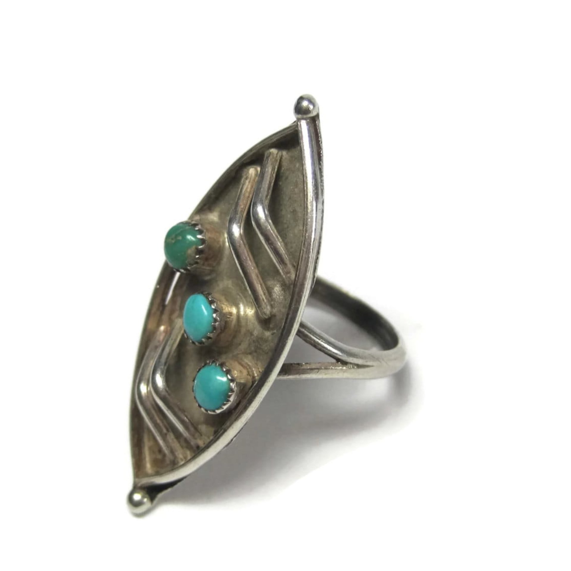 Long Vintage Navajo Sterling Turquoise Ring Size 7