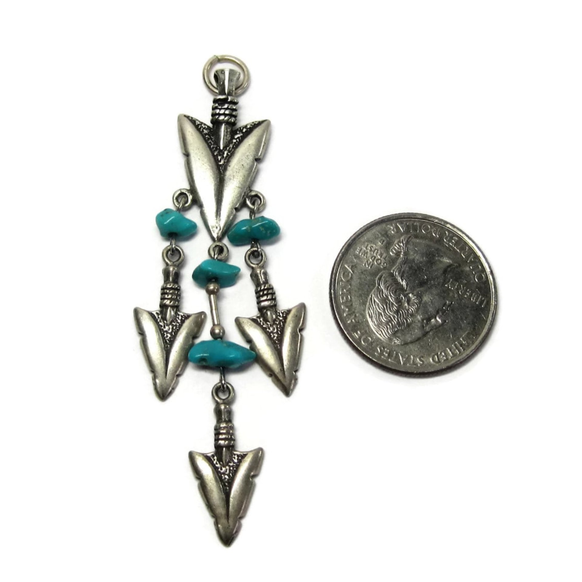 Long Vintage Sterling Turquoise Arrowhead Pendant