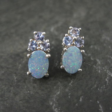 Sterling Silver Opal Doublet and Tanzanite Stud Earrings