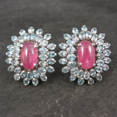Large Pink Sapphire Blue Topaz French Back Earrings