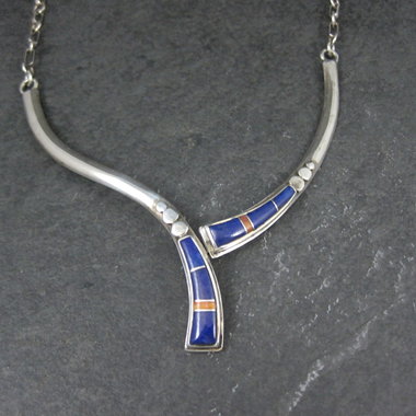 Vintage Southwestern Sterling Lapis Lazuli Spiny Oyster Inlay Necklace