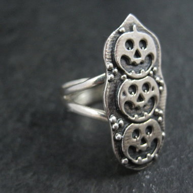 Sterling Silver Halloween Jack O Lantern Pumpkin Ring Adjustable Size 8