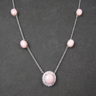 Vintage Sterling Pink Opal White Topaz Halo Necklace 24 Inches