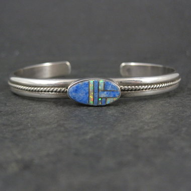 Southwestern Sterling Denim Lapis and Opal Inlay Cuff Bracelet 6.5