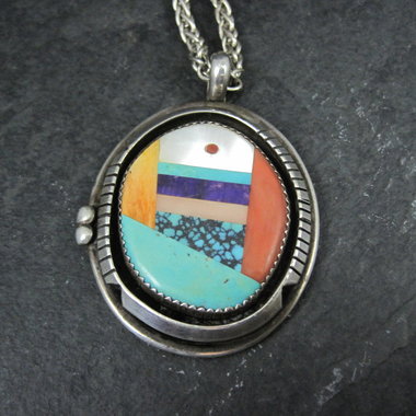 Large Sterling Silver Native American Inlay Pendant Necklace