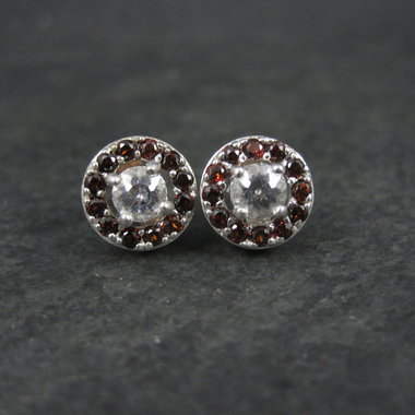 Quartz and Garnet Halo Stud Earrings Sterling Silver